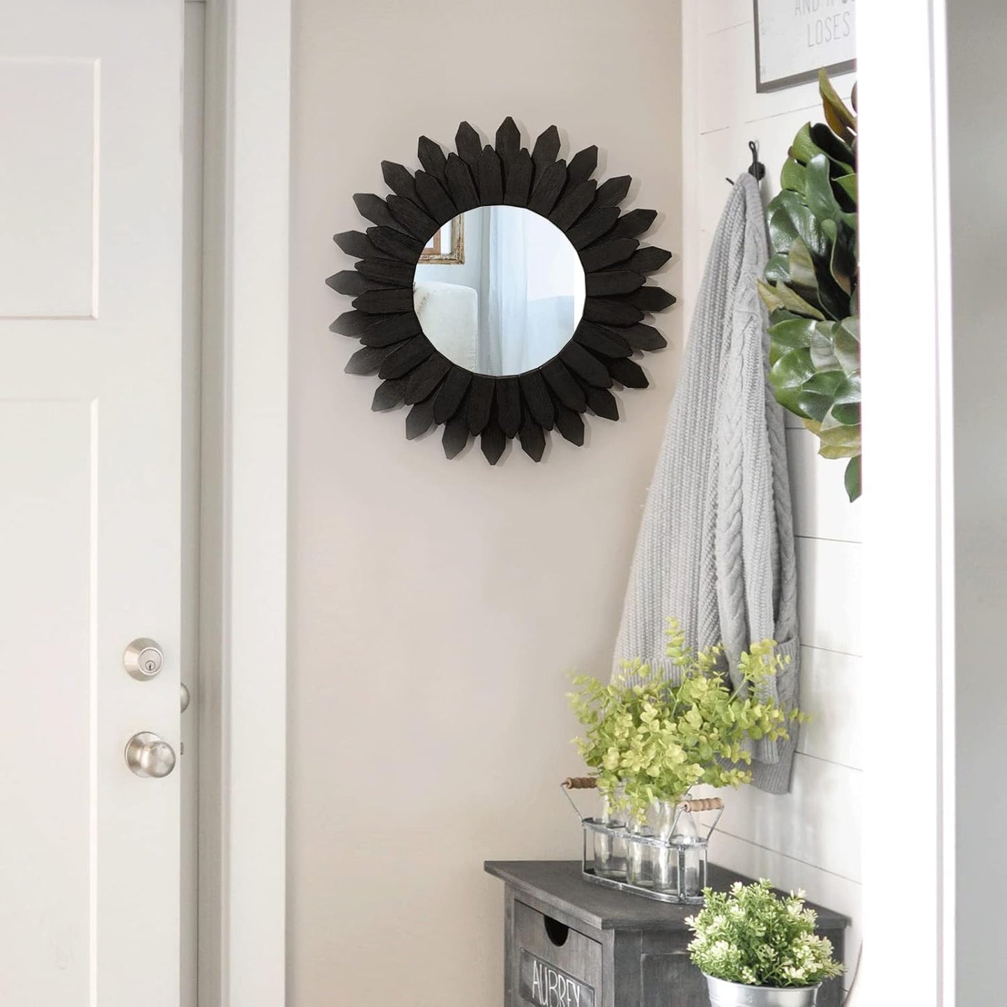 Honiway Boho Wall Decor Mirrors for Wall 2 Pack 12 inch Wood Decorative Mirror for Room Decor Rustic Farmhouse Mirror for Bedroom Bathroom Living Room Kitchen Black