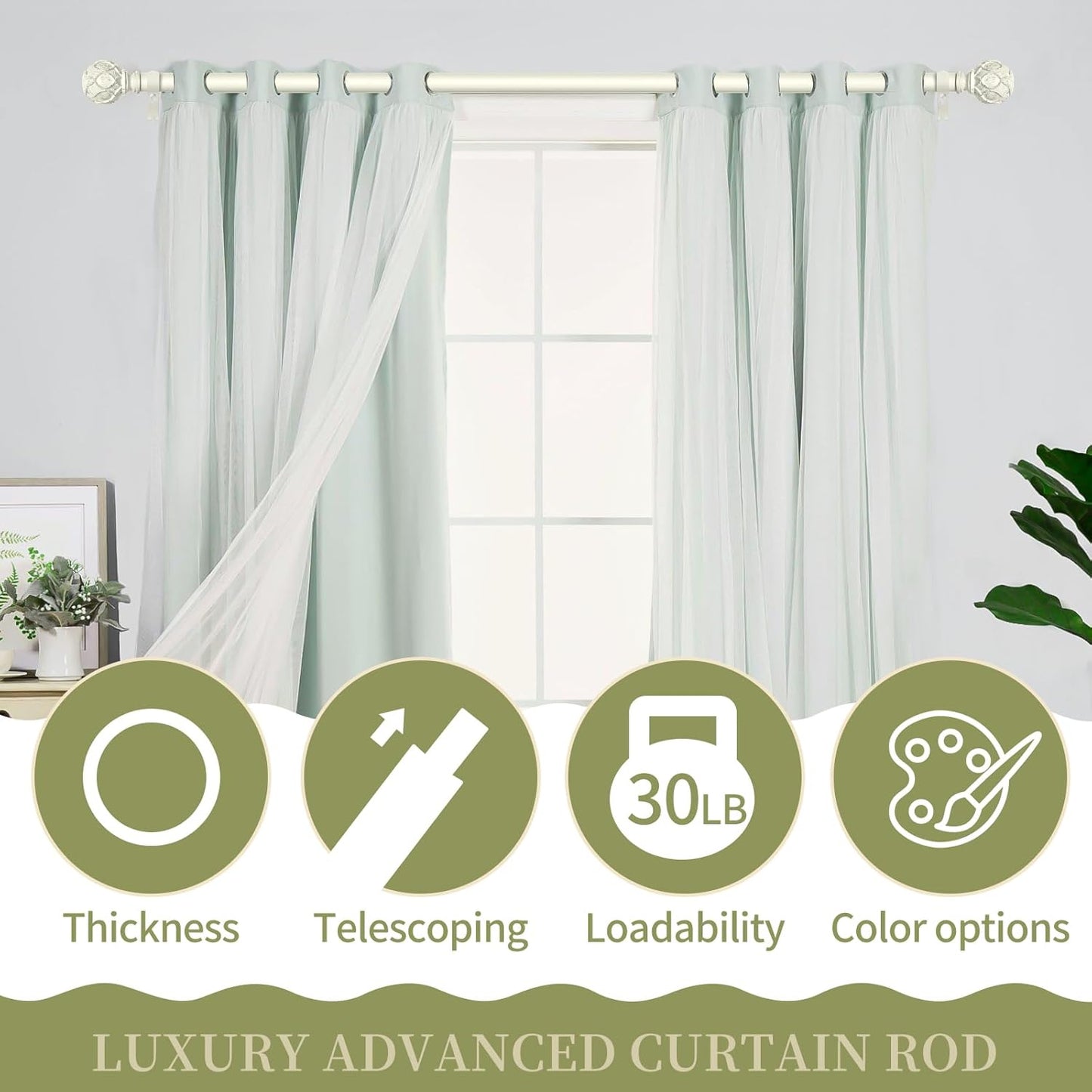 White Farmhouse Curtain Rods for Windows:Heavy Duty Adjustable Curtain Rod for Bedroom Living Room,Boho Decorative Rustic Drapery Rods with Vintage Coastal Finials,Antique White 2 Pack 18-45"