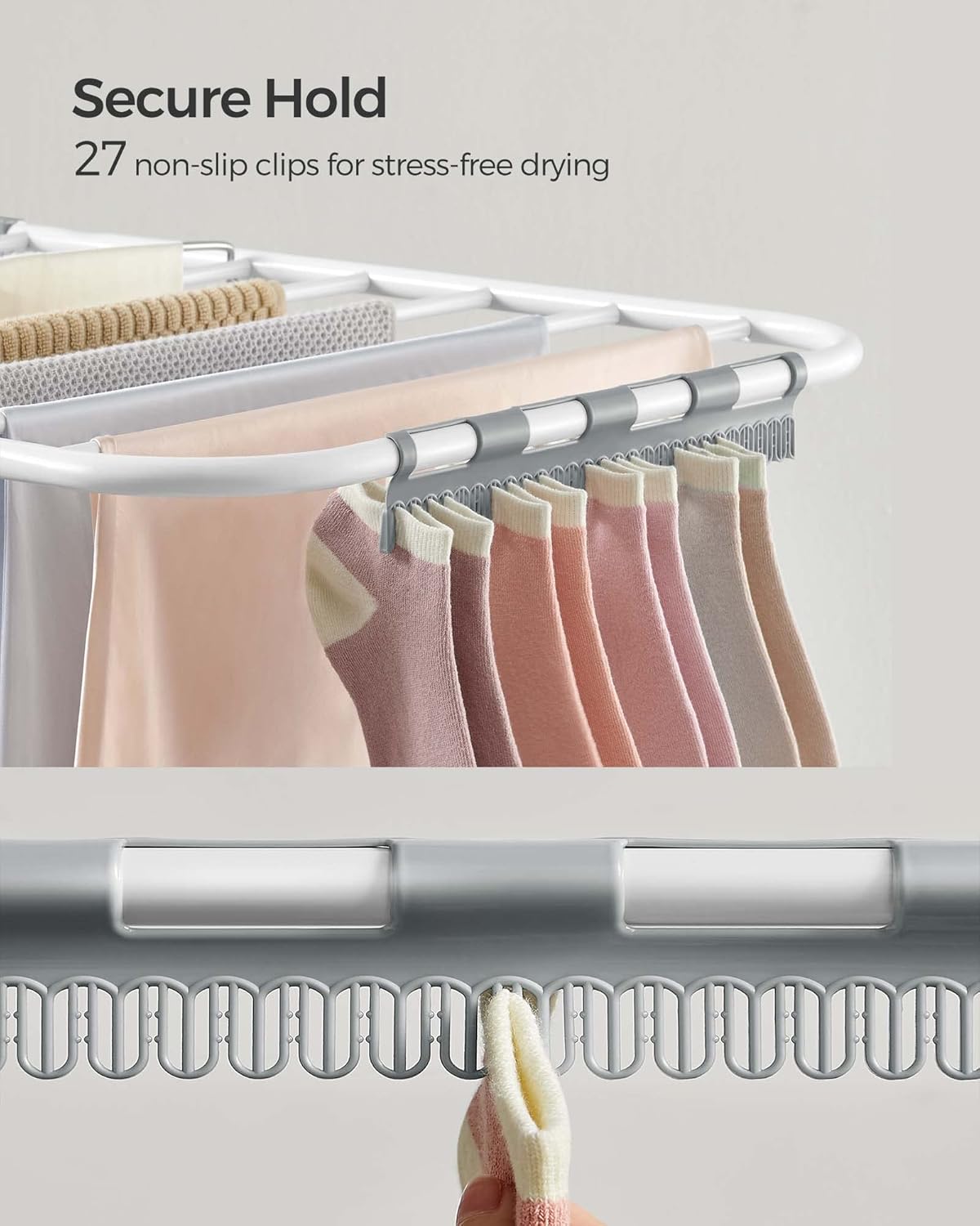 SONGMICS Clothes Drying Rack, with Sock Clips, Metal Laundry Rack, Foldable, Space-Saving, Free-Standing Airer, with 2 Height-Adjustable Gullwings, Indoor Outdoor Use, White and Gray ULLR052W02
