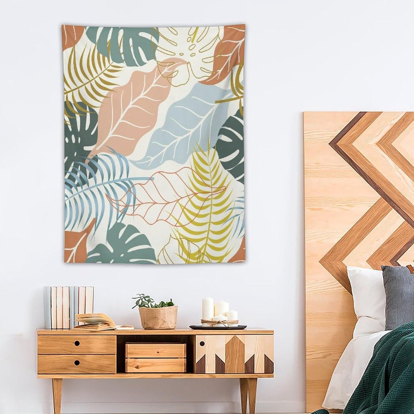 ICMOLYYENLO Boho Green Leaves Tapestry, Mid Century Abstract Tropical Palm Leaves Modern Minimalist Geometric Wall Hanging, Neutral Home Decor Art for Living Room Bedroom Dorm 50x60 Inch
