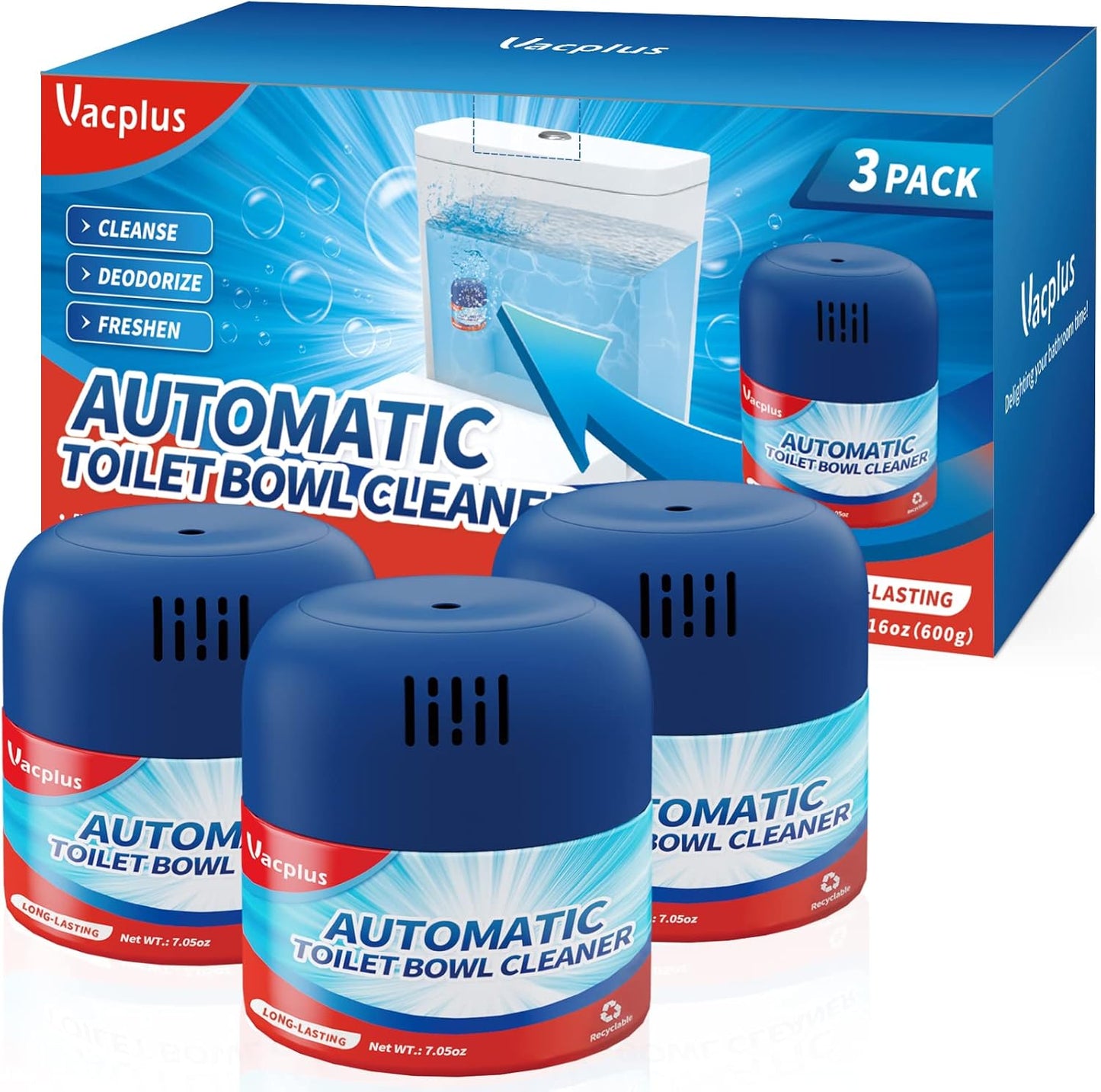 Vacplus Toilet Bowl Cleaners - 3 Pack, Krazy Clean Automatic Long-Lasting Toilet Cleaner Bottles, Easy-to-Use & Powerful Cleaning