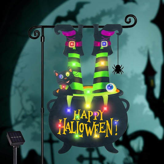 Halloween Lighted Garden Flag for Outside, Led Solar Yard Flag 8 Modes Witch Feet Shape Flag, 12x18 Double Sided Cauldron Eyeball Black Cat Decorations for Home Porch