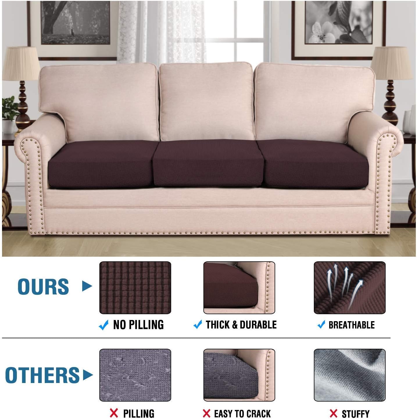 H.VERSAILTEX Super Stretch Individual Seat Cushion Covers - Sofa & Couch Cushion Slipcover Sets - Thick Jacquard Textured Twill Fabric (3 Piece XL, Chocolate)