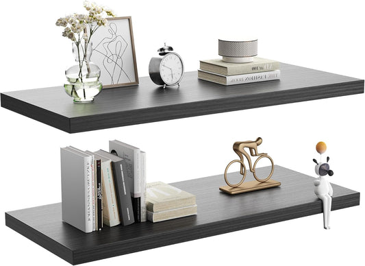 Wall Shelf Set of 2,Dark Wood Floating Shelves 24 in W x 10 in D x 1 in H, Wooden Floating Wall Shelf with Invisible Brackets for Living Room/Bedroom/Bathroom/Kitchen Storage and Decor