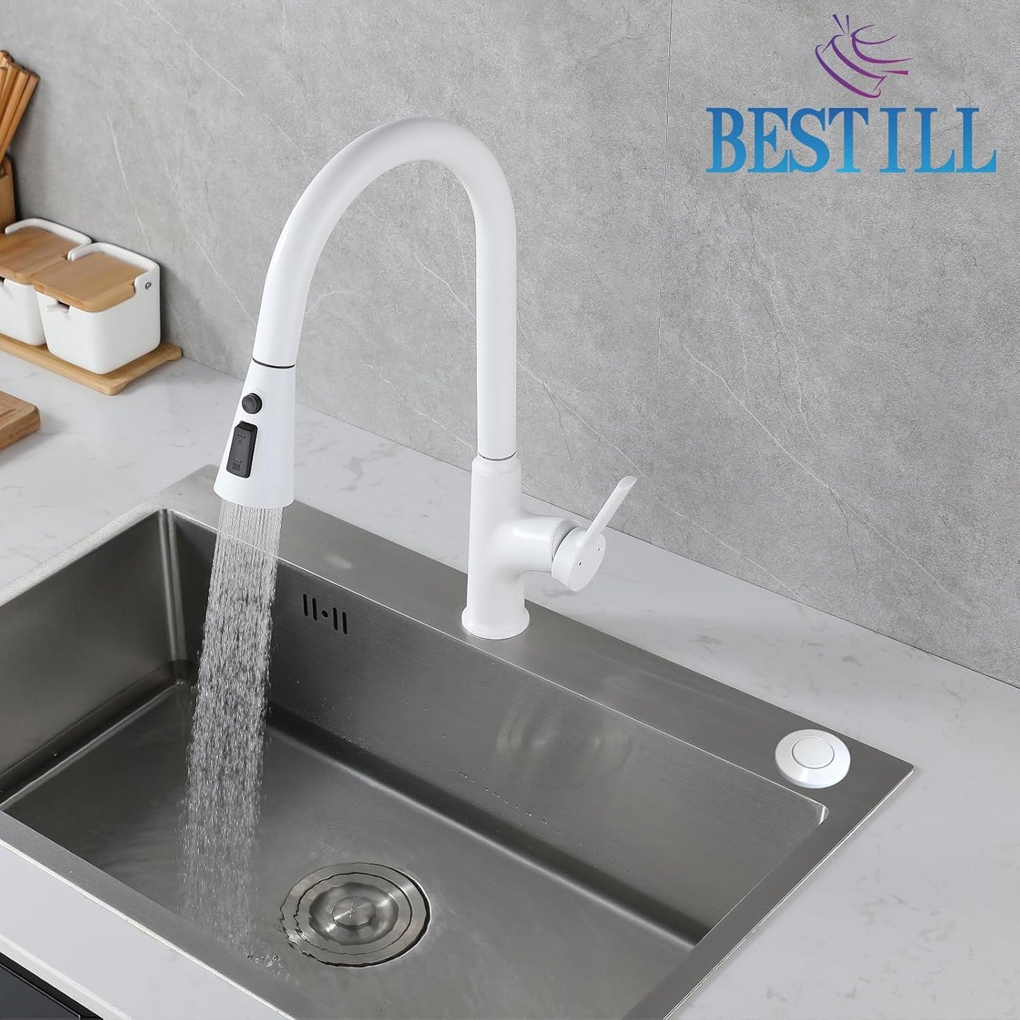 BESTILL Garbage Disposal Air Switch Kit - UL Listed, Cordless Sink Top Switch Button for Waste Disposer, 3.6" Long Push Button with Brass Cover, White, Compatible with all Garbage Disposals