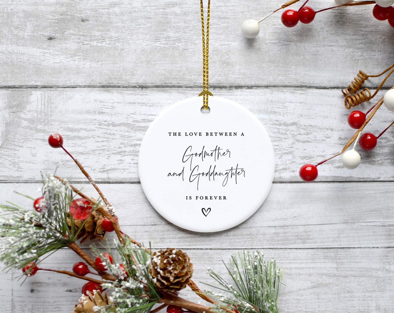 Andaz Press Round Ceramic Porcelain Christmas Tree Ornament Keepsake Collectible Godmother Gift, The Love Between A Godmother and Goddaughter is Forever, 1-Pack Goddaughter Ornament