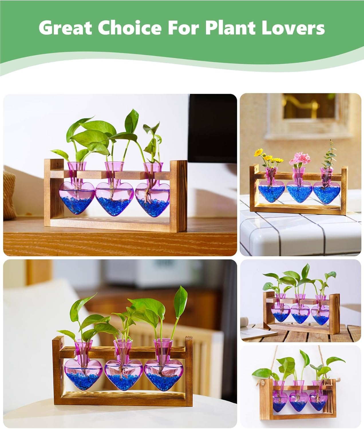 Nacome Plant Terrarium for Office Decor: Birthday Gifts for Plant Lovers Women Mom Wife - Wooden Stand Tabletop Planter 3 Bulb Glass Vase Heart Shaped for Hydroponics Indoor Home(Purple)