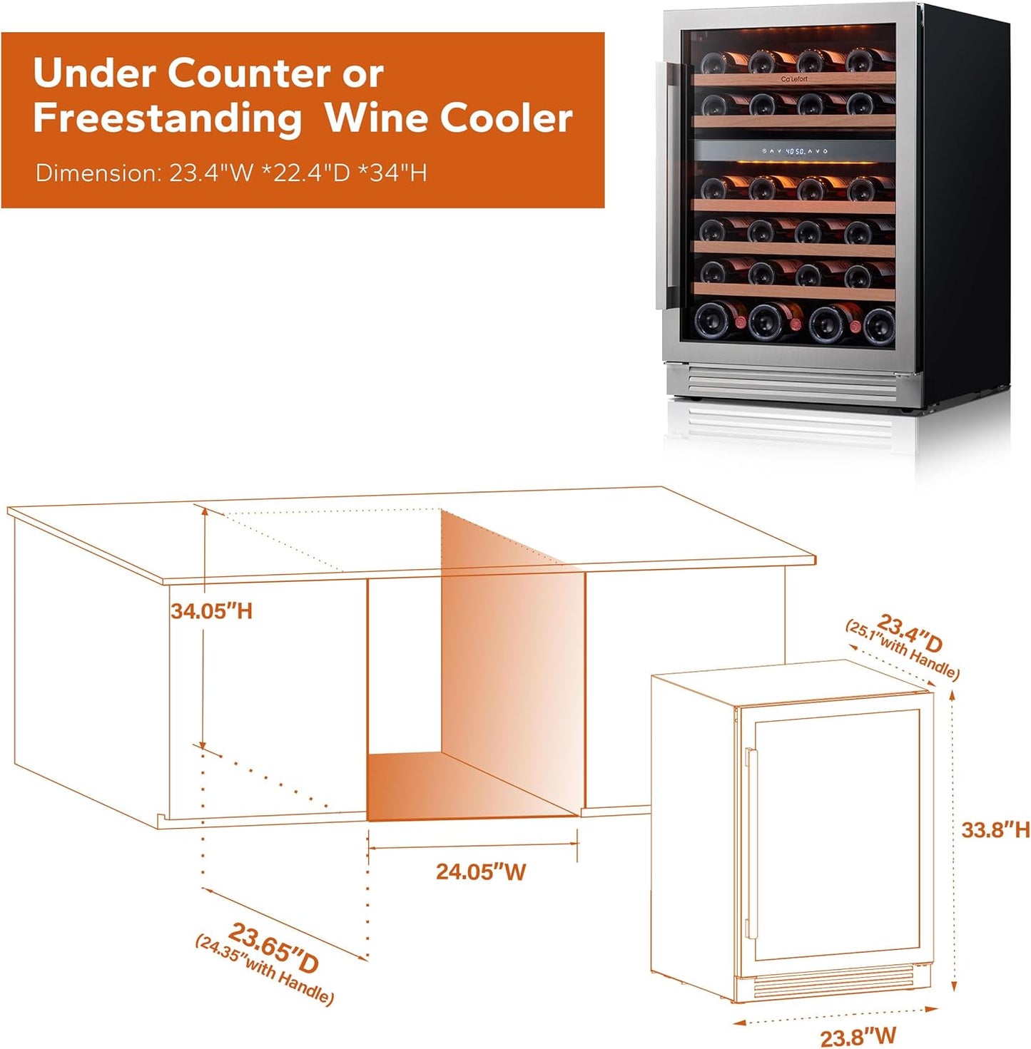 Ca'Lefort Wine Fridge & Cooler - 24 Inch 46 Bottle Wine Cooler Refrigerator, 40-65°F Dual Zone Wine Refrigerator Glass Door, 3 LED Built-in or Freestanding Fridge for Home/Bar/Kitchen (5.65 cu.ft)