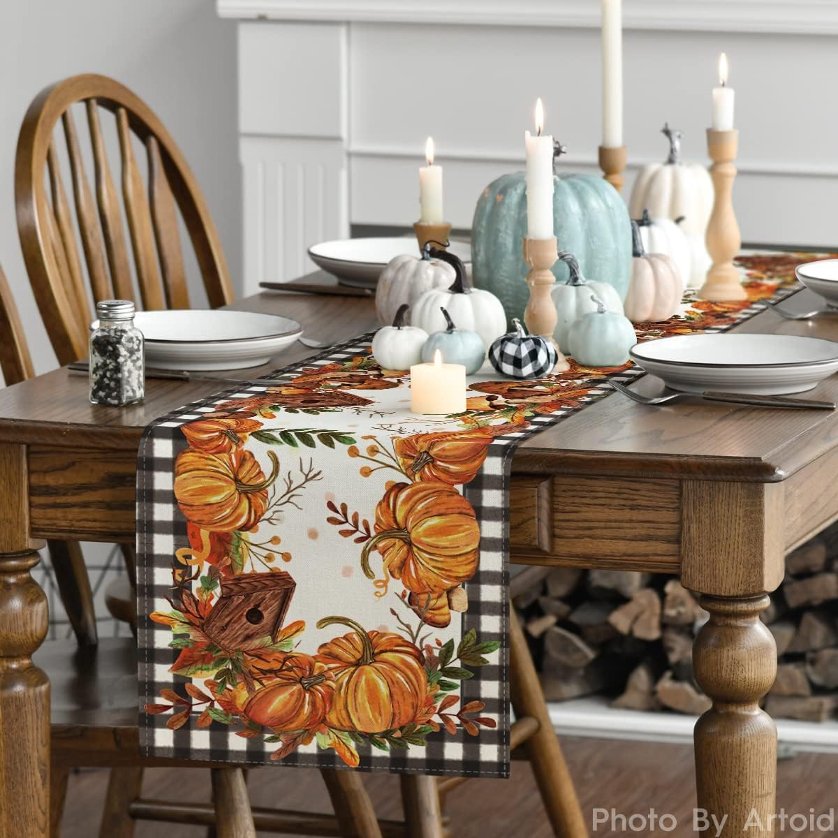 Artoid Mode Buffalo Plaid Pumpkins Mushrooms Birdhouse Leaves Table Runner, Seasonal Fall Harvest Vintage Kitchen Dining Table Decoration for Indoor Outdoor Home Party Decor 13 x 90 Inch.