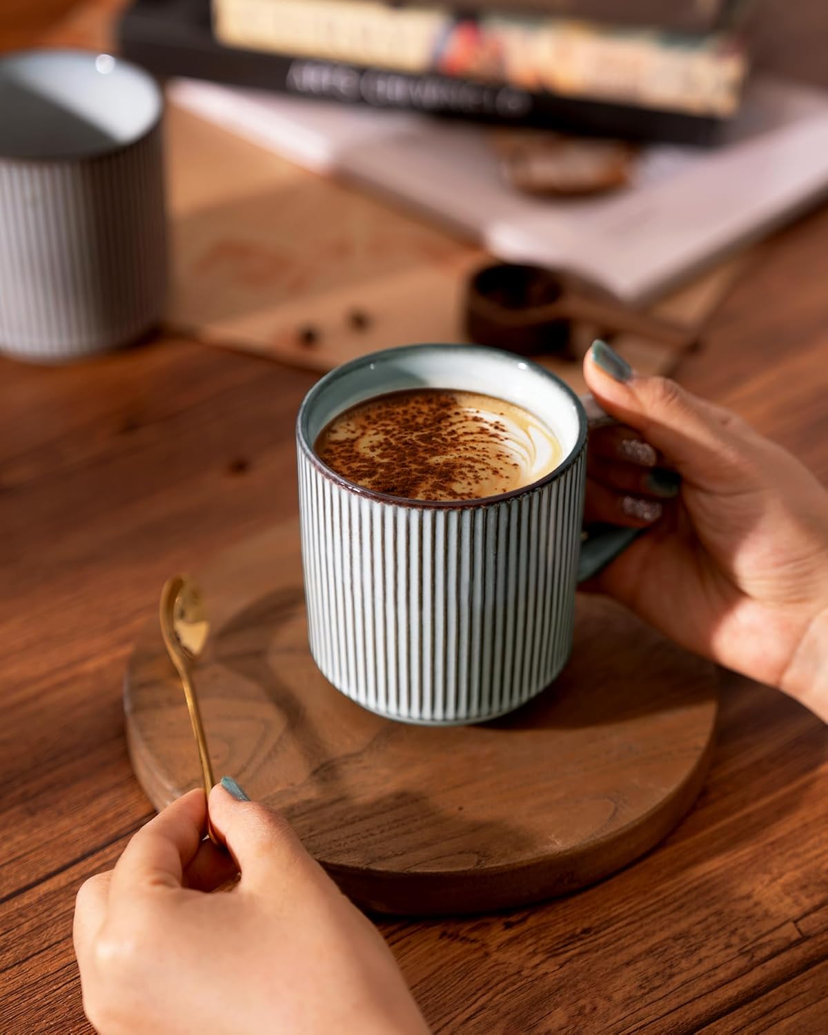 famiware Coffee Mug Set for 4, Star 12 oz Catering Mugs Cup Set with Handle for Coffee, Tea, Cocoa, Milk - Ceramic Stoneware Drinkware Set, Smoky Blue