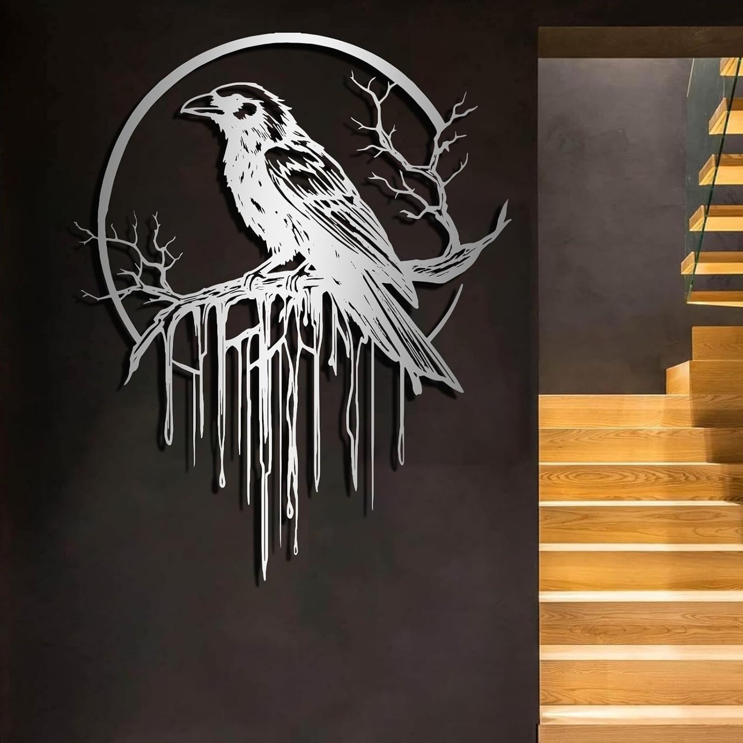 Crow Metal Wall Decor, Raven Wall Art, Large Gothic Raven Decor Hangings, Bird Wall Decor, Metal Tree Branch Decor, Ravens Sign, Raven Art for Living Room (Gold, 28"x22" |70x56cm, metal wall art)