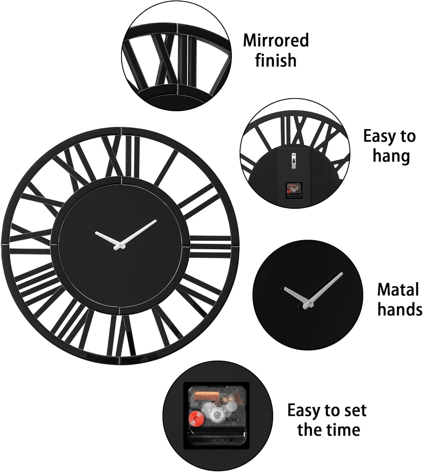 Large Wall Clock - 18" Modern Black Wall Clock with Roman Numerals, Decorative Wall Clocks for Living Room, Bedroom, Office - Easy to Hang, Silent Non-Ticking