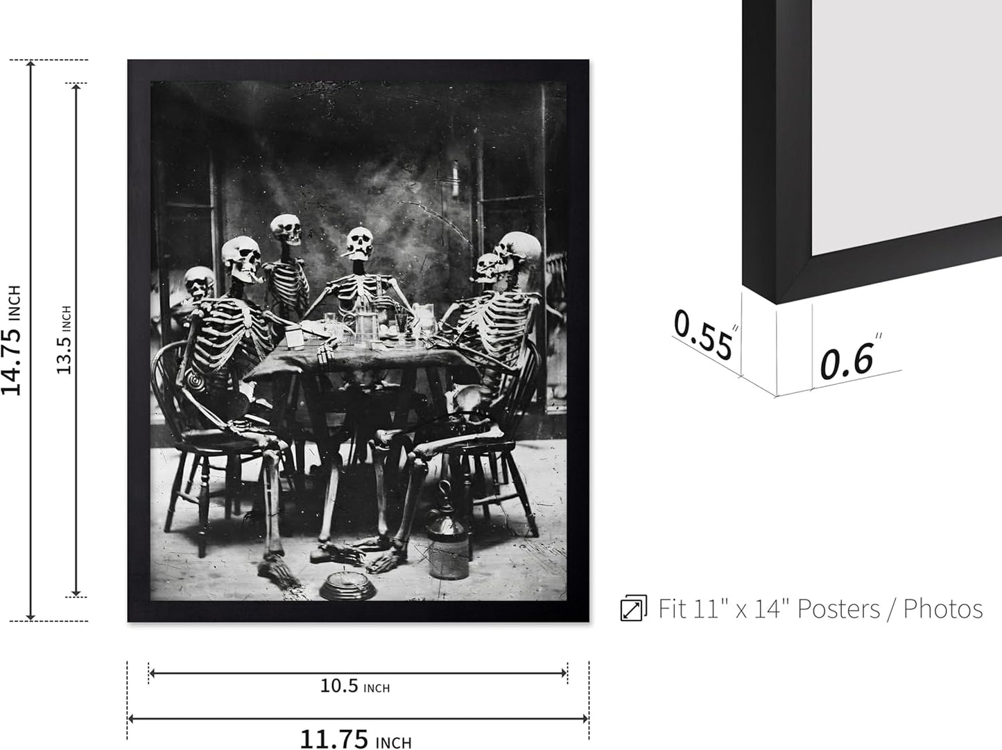 Poster Master Vintage Photograph Poster - Retro Daguerreotype Print - Gift for Artist, Friend - Skeletons Smoking at Table, Dinner Party, Goth - Wall Decor for Home, Dorm, 11x14 Black Framed
