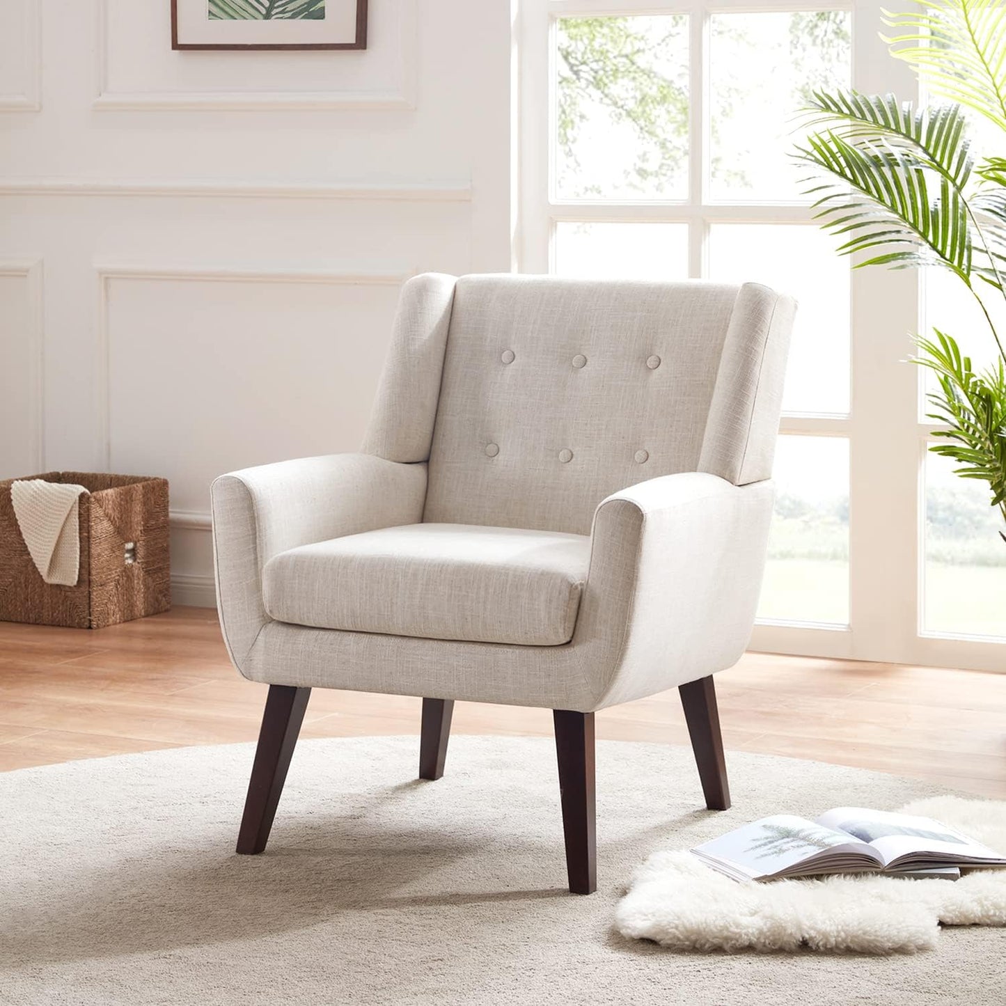 HUIMO Accent Chairs Set of 4, Upholstered Button Tufted Armchair, Linen Fabric Sofa Chairs for Bedroom, Living Room, Mid Century Modern Comfy Reading Chair (4, Beige)