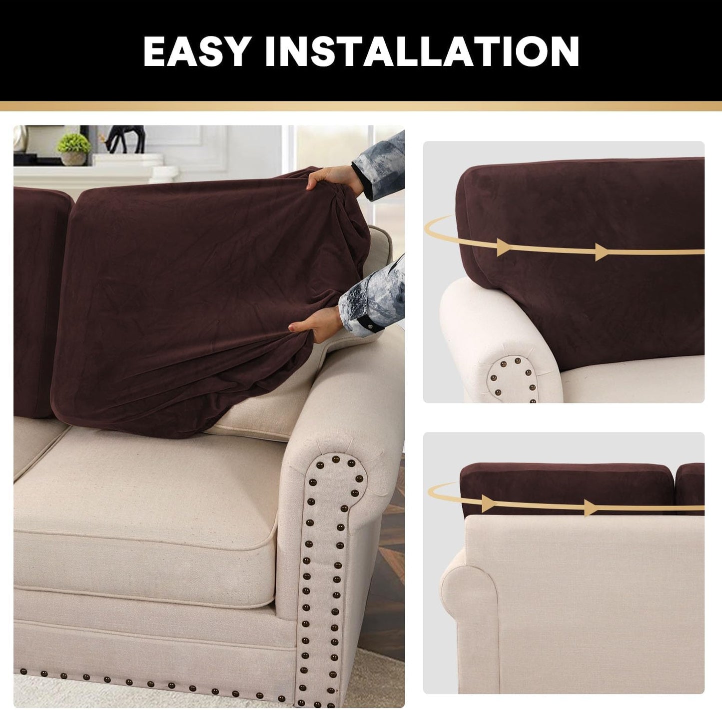 PrinceDeco Sectional Couch Covers Velvet Cushion Covers for Sectional Couch Cushion Covers for Sectional Sofa Separate Sectional Sofa Slipcovers Washable(1 Chaise Back+ 2 Sofa Back,Brown)