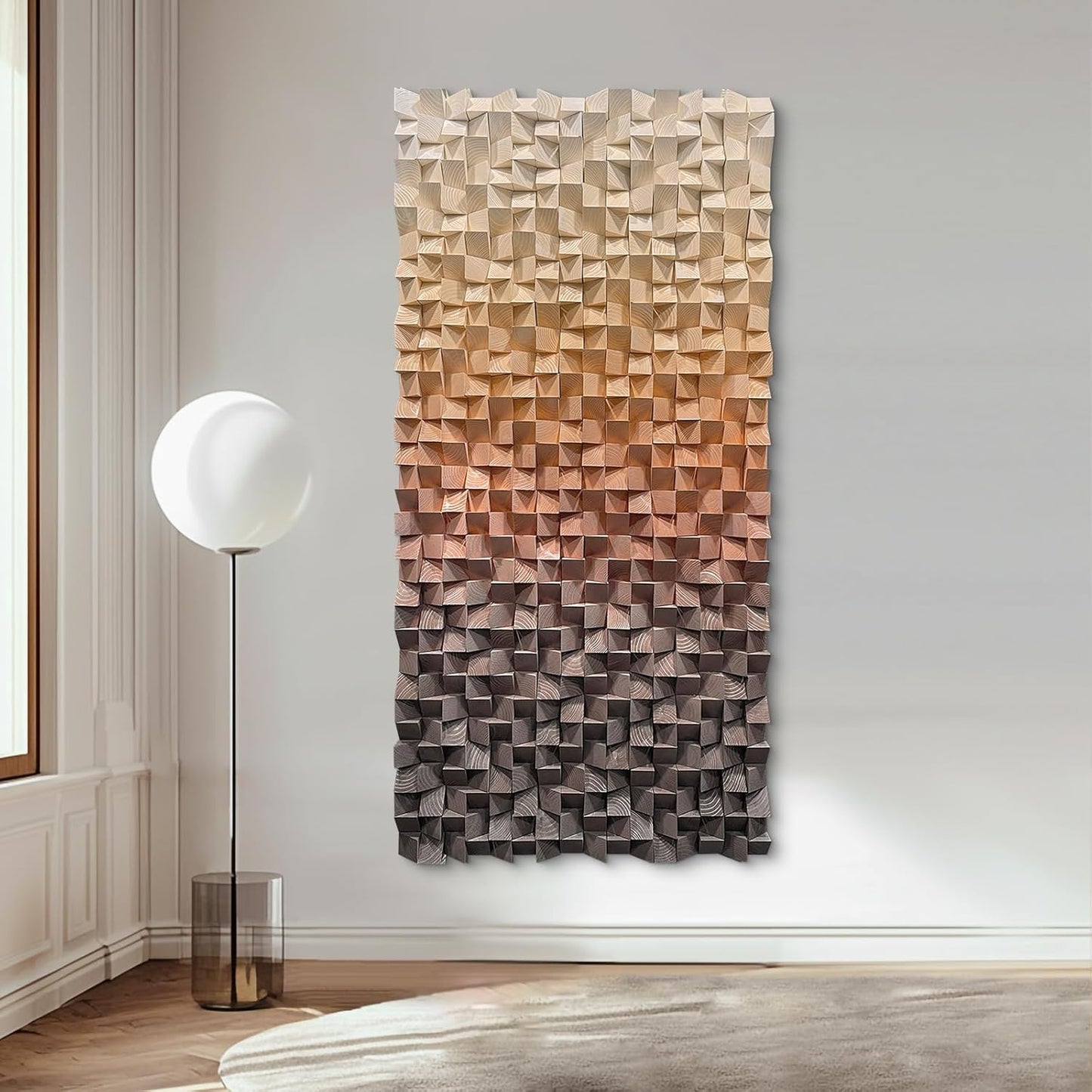 LIUZEYUE - 3D wooden block painting gradient coffee white art background wall wooden block abstract geometric wall decoration living room/bedroom/office modern minimalist style decoration 31.5"x63"