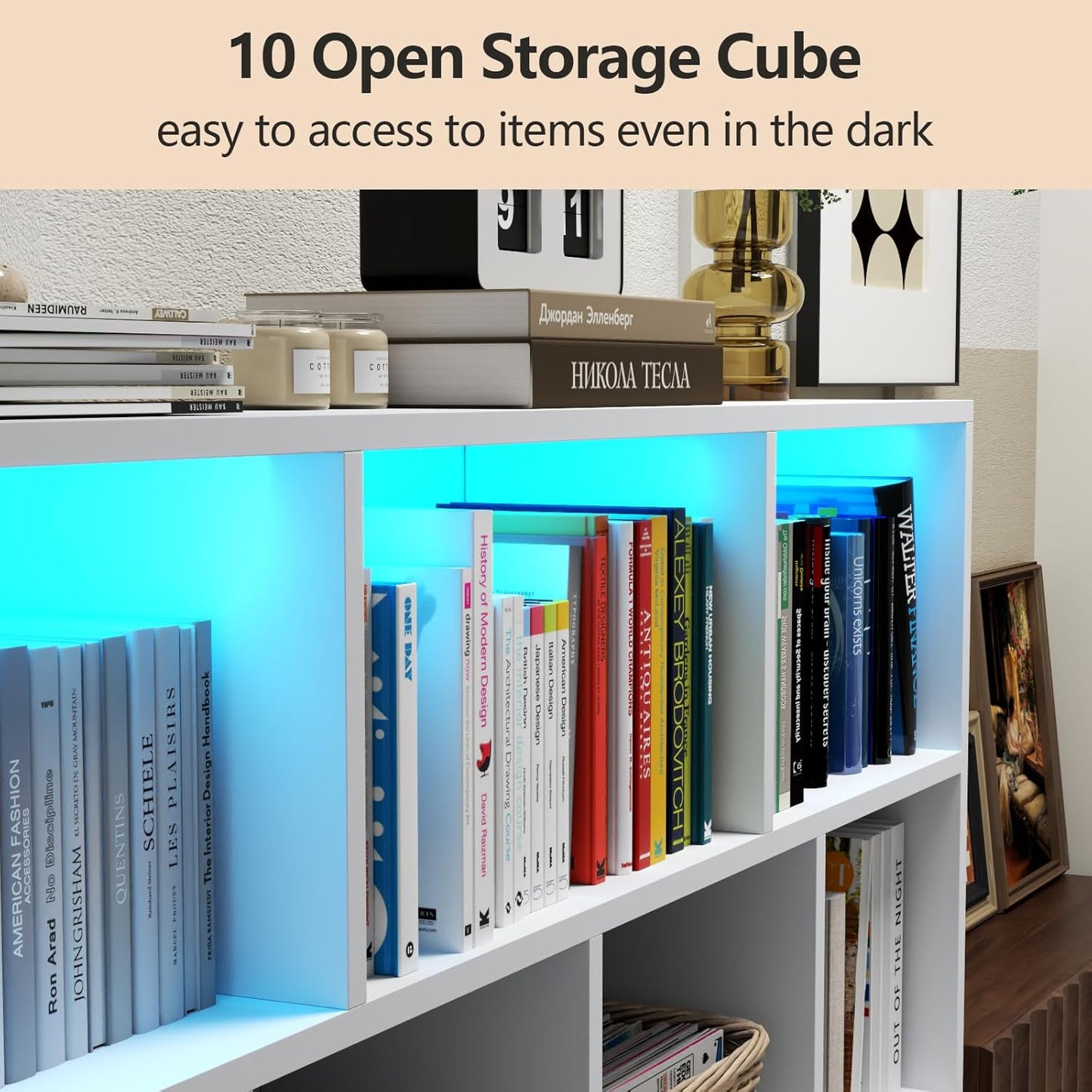 10 Cube Book Shelf with LED Lights, 3-Tier White Bookcase with Solid Wood Legs Modern Open Storage Organizer Kids Bookshelf Display Shelf for Living Room, Home Office (White, 10 Cube)