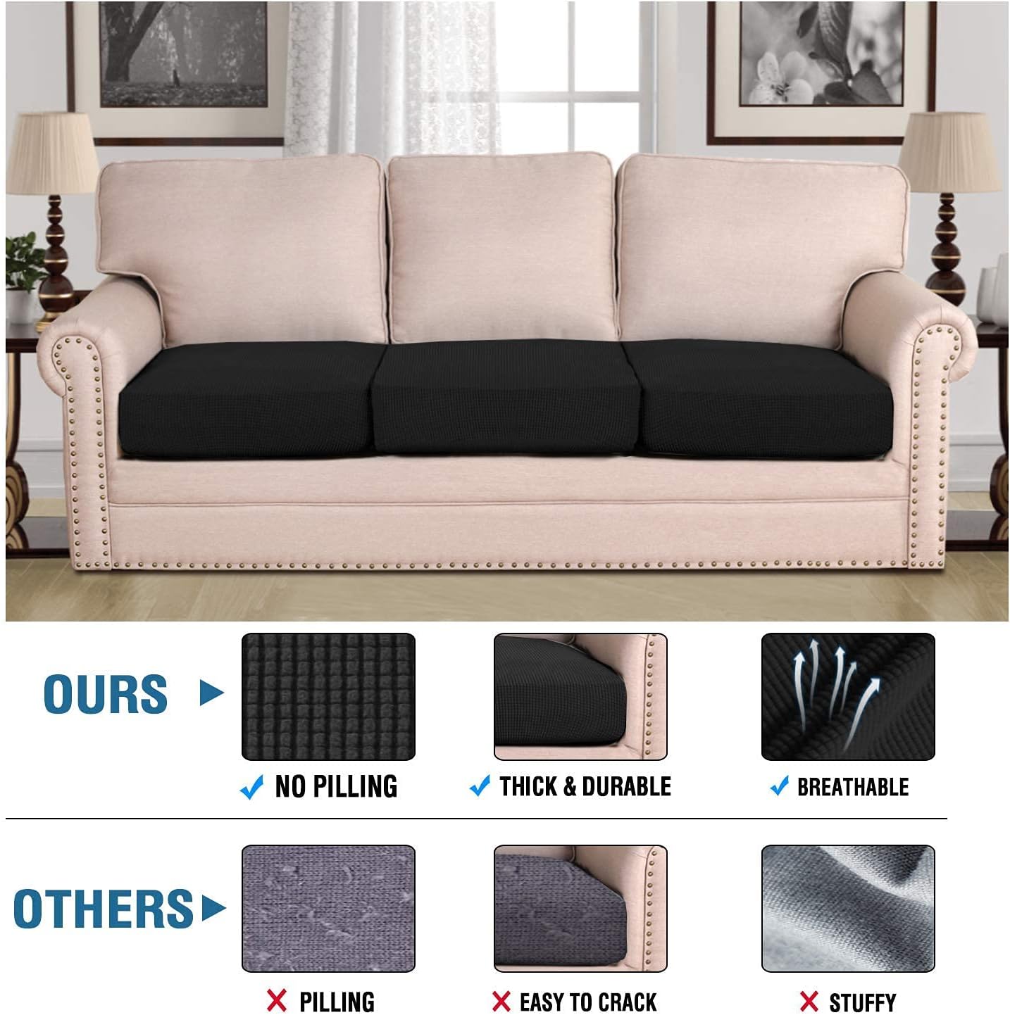 H.VERSAILTEX Super Stretch Individual Seat Sofa Covers Couch Slipcover Sets Thick Jacquard Textured Twill Fabric (3 Piece XL Cushion Covers, Black)