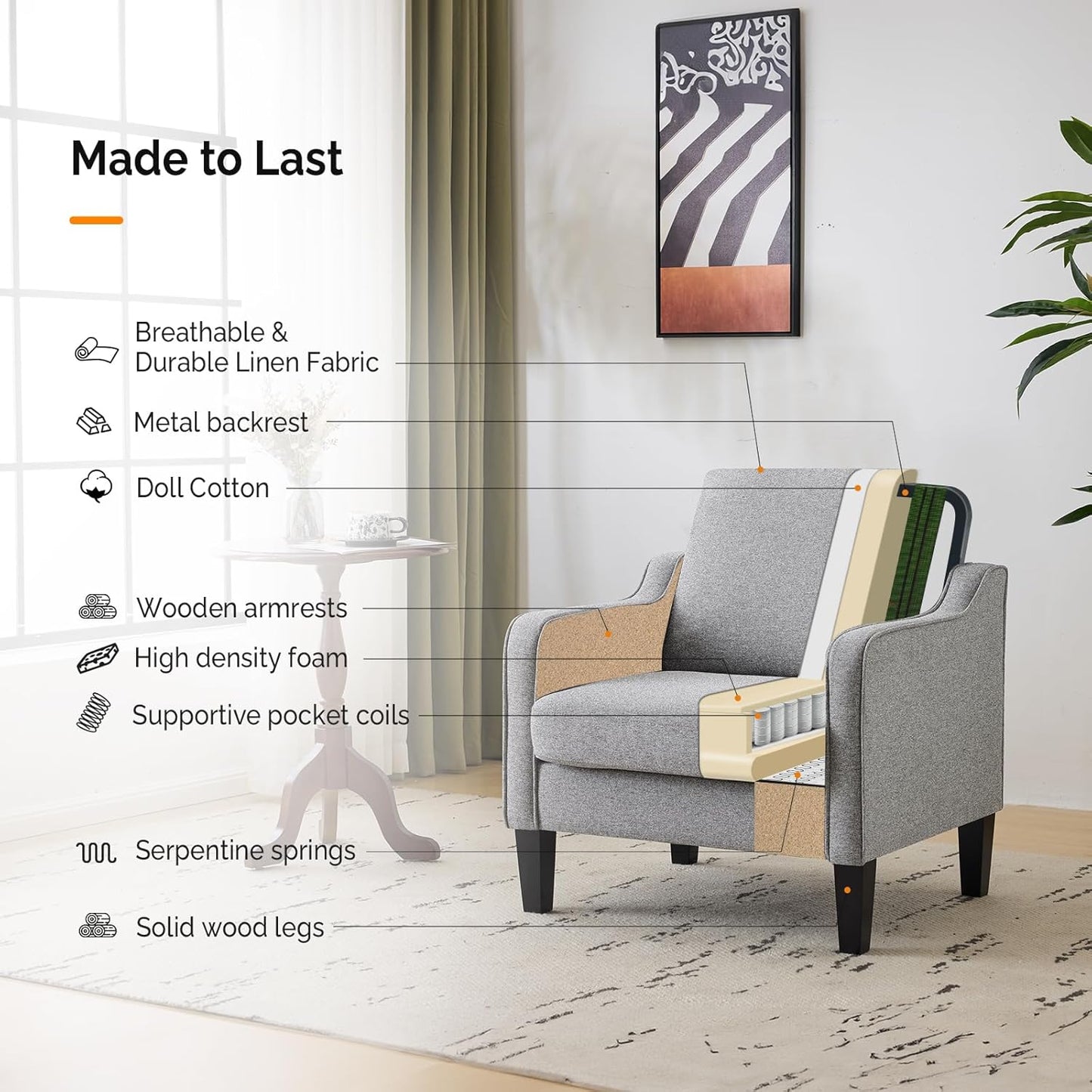 VINGLI Accent Chairs Set of 2 Gray Living Room Chairs Reading Chair for Bedroom Scooped Arm Chair Mid Century Modern Accent Chair Upholstered Comfy Chair for Apartment, Waiting Room