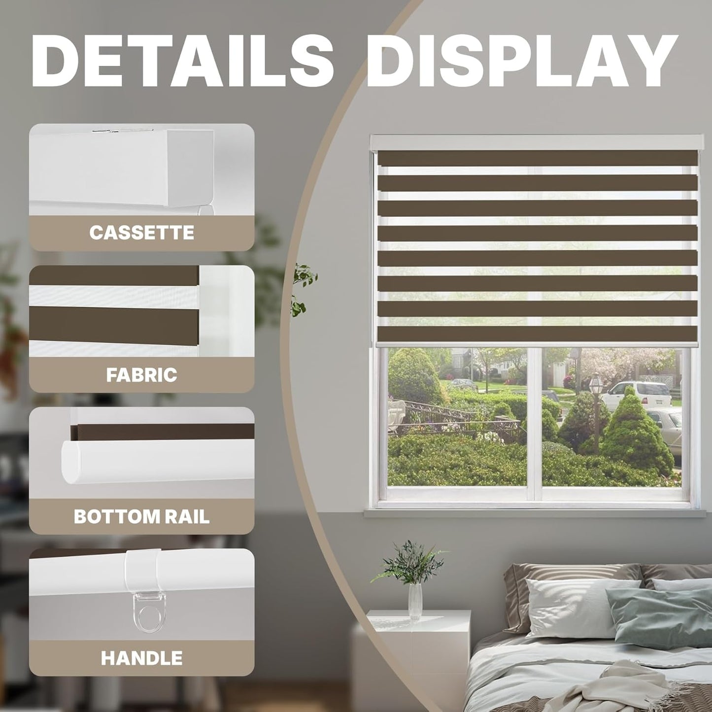 HESTIA Cordless Zebra Blinds Light Filtering Roller Shades UV Blocking Blackout Privacy Indoor Window Shades for Home Office Day and Night, Brown,29" W x 60" H