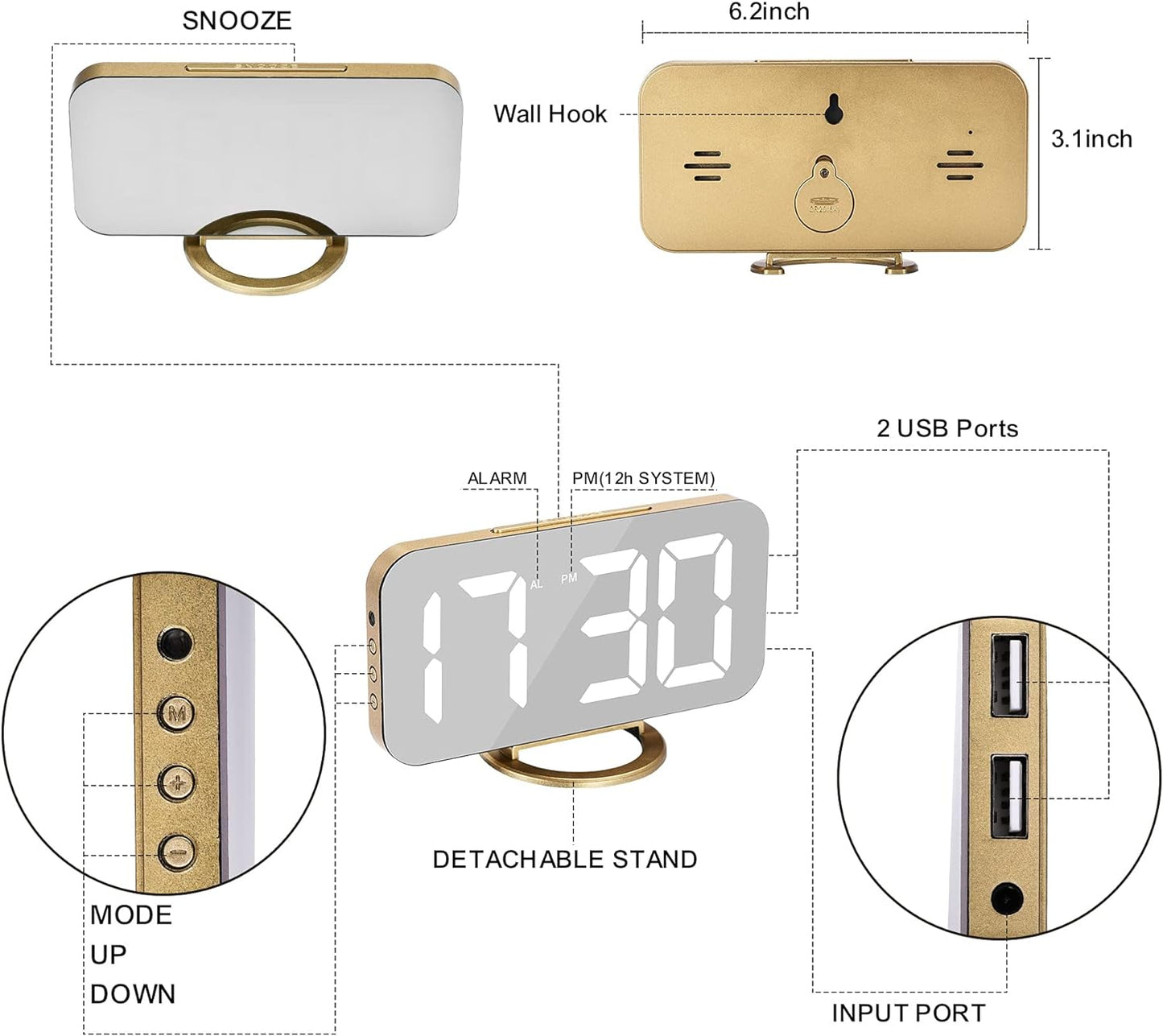 SZELAM Digital Alarm Clock,LED and Mirror Desk Clock Large Display,with Dual USB Charger Ports,3 Levels Brightness,12/24H,Modern Electronic Clock for Bedroom Home Living Room Office - Gold
