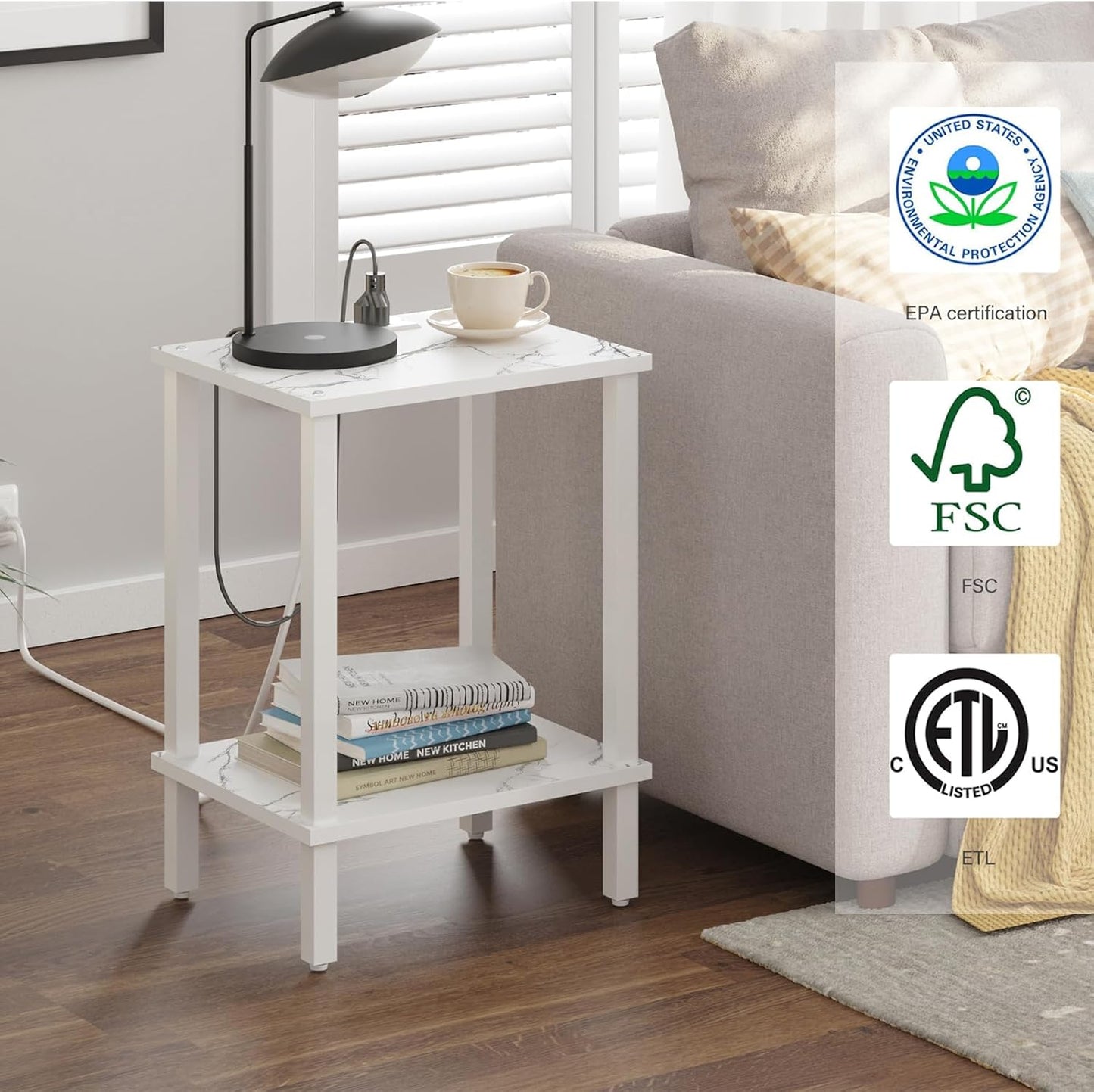 TUTOTAK End Table with Charging Station, Set of 2, Small Side Table, Nightstand Bedside Table, 2-Tier Storage Shelf for Small Space, Living Room, Bedroom, Marble White TB01BMW041