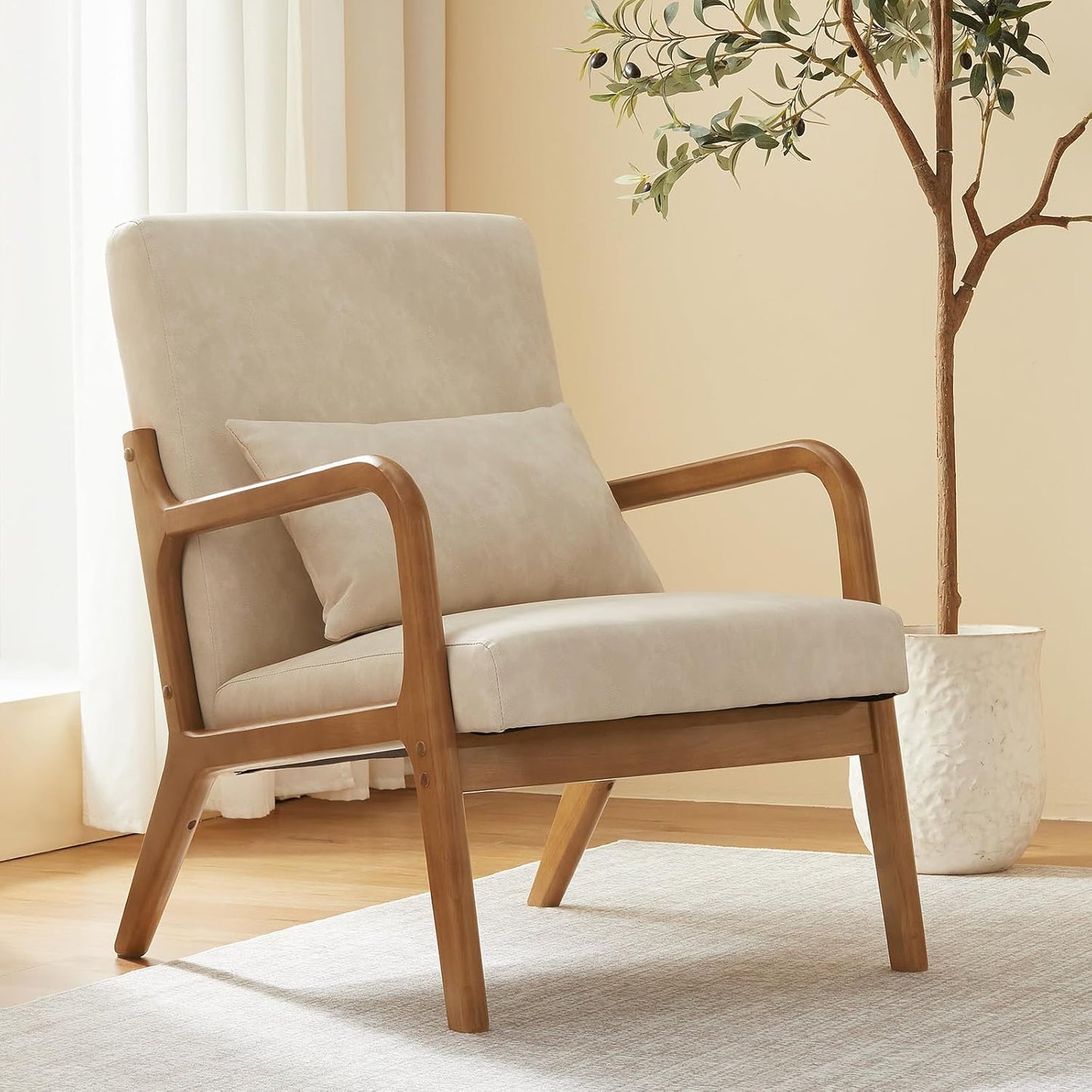 Accent Chair Mid Century Modern Armchair with Lumbar Support Pillow Wood Legs PU Leather Upholstered Lounge Chairs Comfy High Back Cushion for Living Room Bedroom