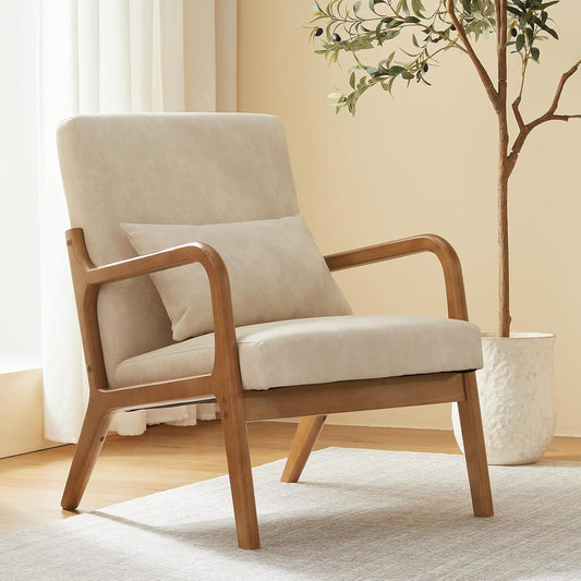 Accent Chair Mid Century Modern Armchair with Lumbar Support Pillow Wood Legs PU Leather Upholstered Lounge Chairs Comfy High Back Cushion for Living Room Bedroom