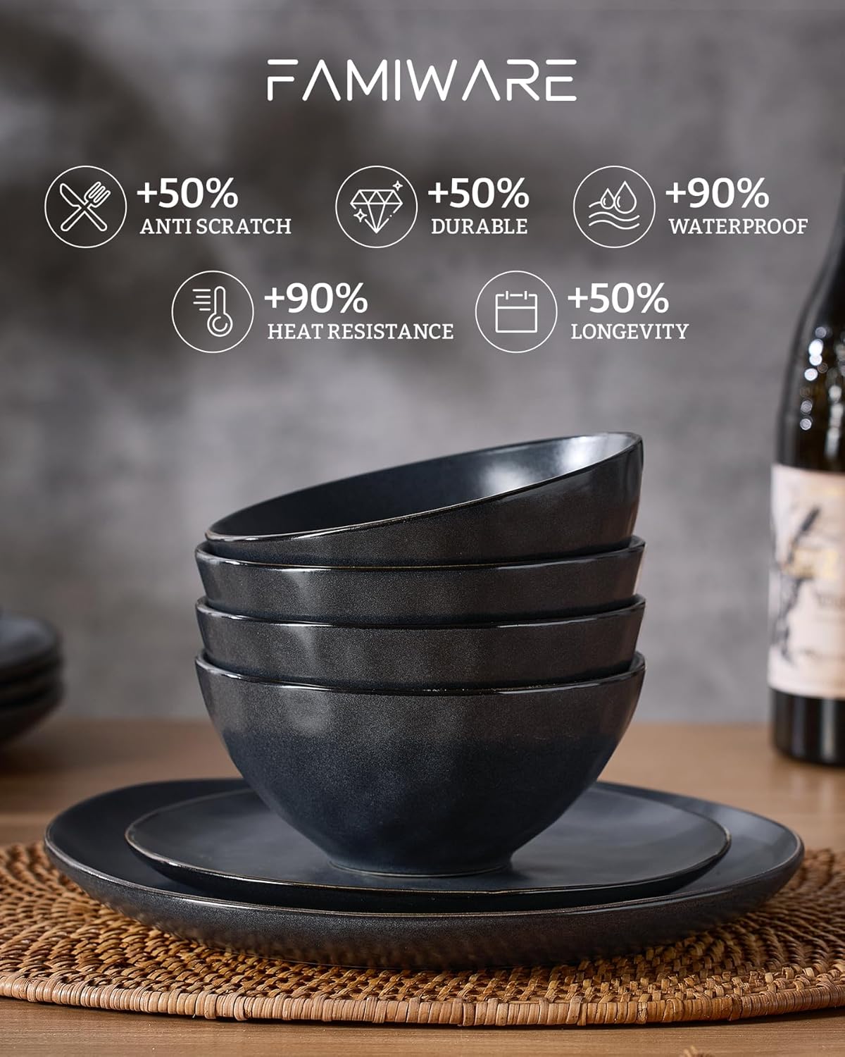 Famiware Dinnerware Sets for 6, Ocean Round 18-Piece Kitchen Plates and Bowls Sets, Microwave and Dishwasher Safe, Scratch Resistant, Matte Black
