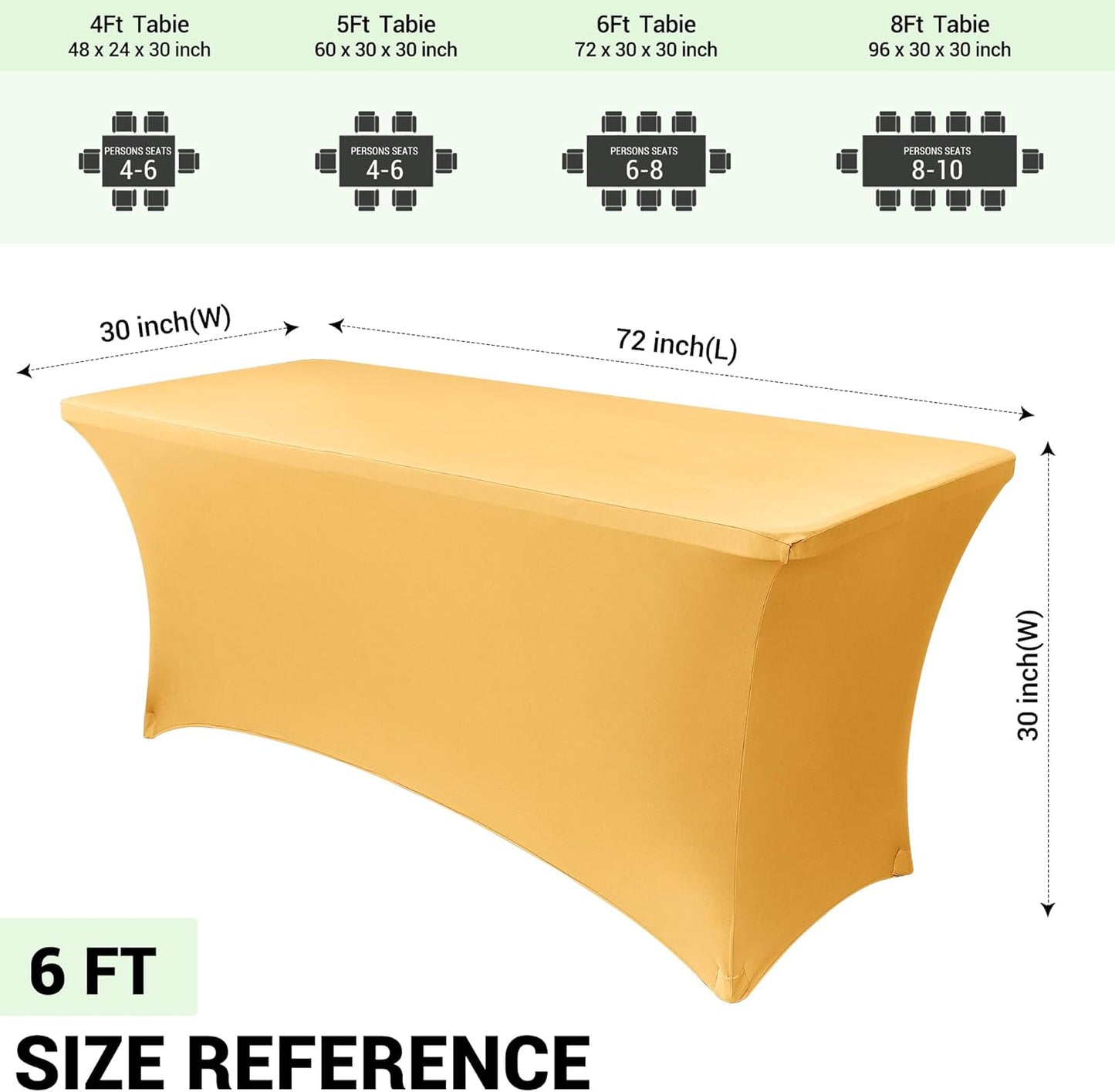 Obstal 6ft Stretch Spandex Table Cover for Standard Folding Tables - Universal Rectangular Fitted Tablecloth Protector for Wedding, Banquet and Party, 72L x 30W x 30H Inches, Gold, 2pc