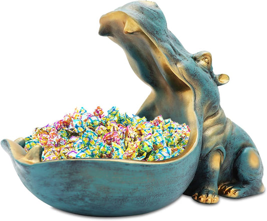 aboxoo Hippo Statue,Large Hippopotamus Figurine Home Sculpture with Resin, Hippo Candy Jar, Candy Dish Bowl for Office Desk, Key Bowl for Entryway Table,Container Storage Art Decor Box(Dark Blue)