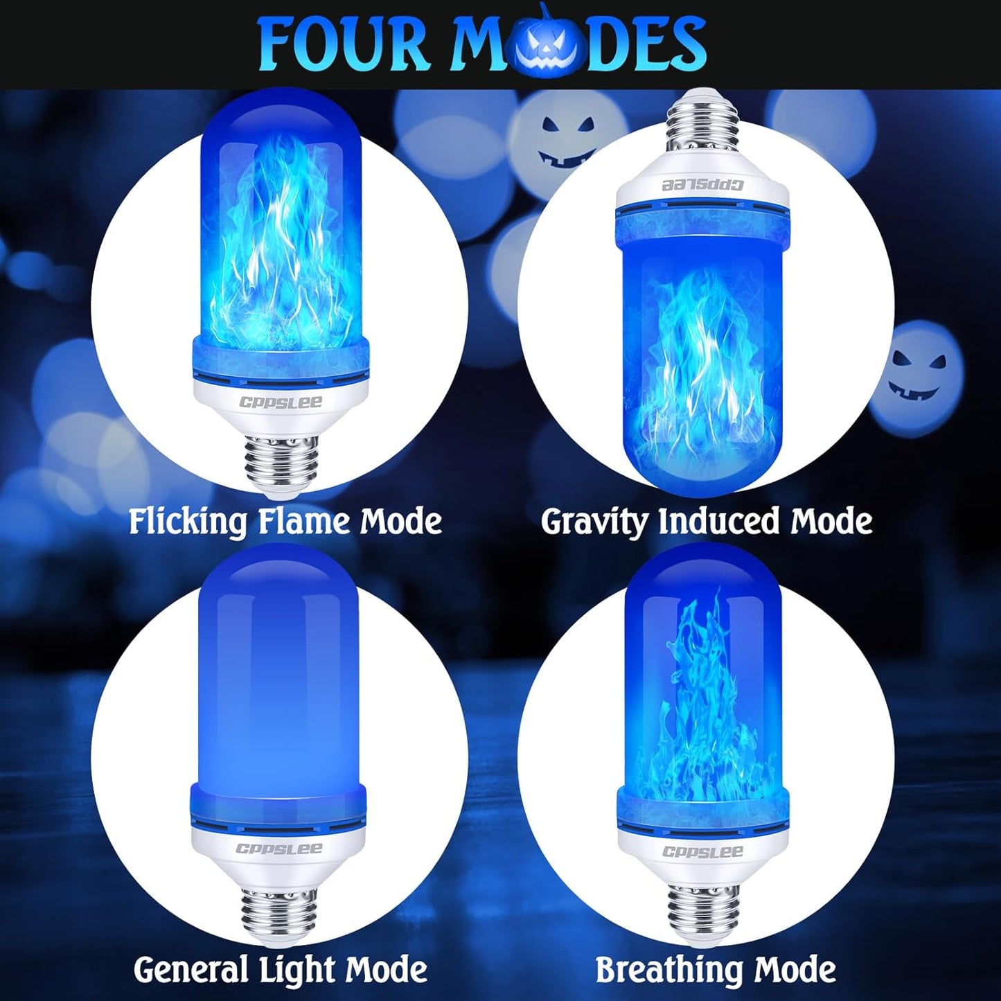 CPPSLEE Upgraded LED Flame Light Bulbs, 4 Modes Flickering Light Bulbs, E26 Base Fire Flame Bulb for Halloween Decorations Outdoor, Christmas Lights Patio Indoor Home Decor (Blue, 2 Pack)