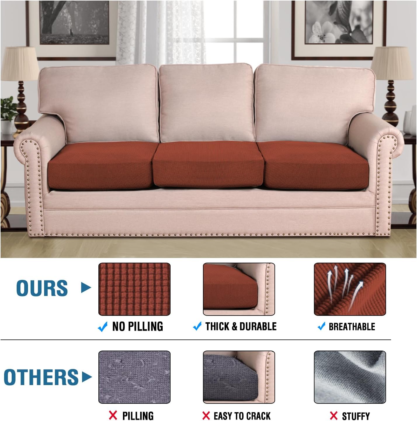 H.VERSAILTEX Super Stretch Individual Seat Cushion Covers - Sofa & Couch Cushion Slipcover Sets - Thick Jacquard Textured Twill Fabric (3 Piece XL Sofa Cushion Covers, Rust)