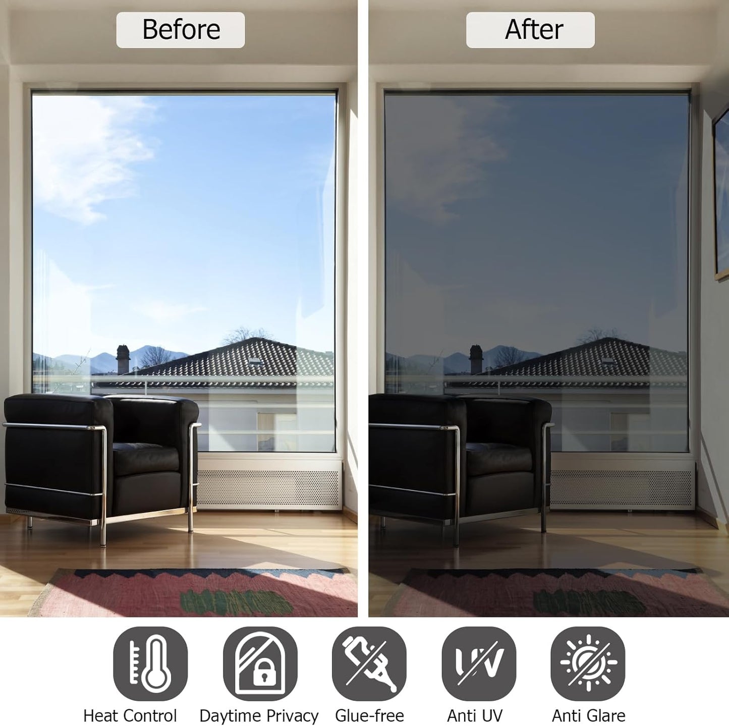 HIDBEA One Way Window Film, Daytime Privacy Sun Blocking Reflective Window Film No Glue Static Cling Heat Control Window Tinting Film for Home and Office, Black Silver, 55.1 x 196.86 Inch