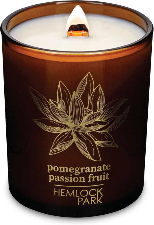 Hemlock Park Wood Wick Candle Handcrafted with Natural Coconut Wax and Essential Oils (Amber & Gold 7.2 oz, Pomegranate Passion Fruit)