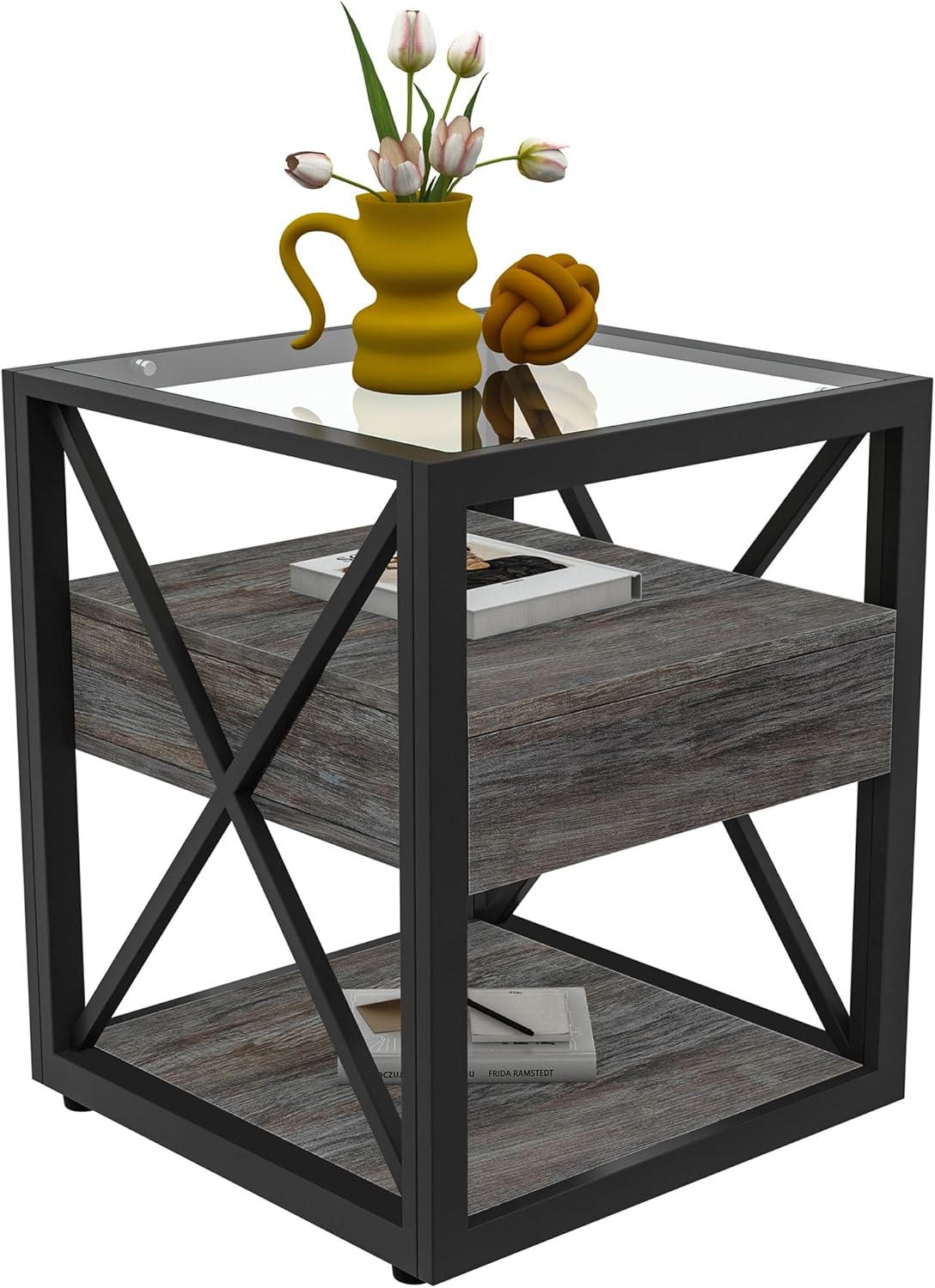 Farmhouse End Table, Modern Side Table with Drawer&3-Tier Storage Shelf, Square Rustic Nightstand, Accent Tea Table, for Bedroom Office Living Room, Grey, Natural Wood, Glass, Metal