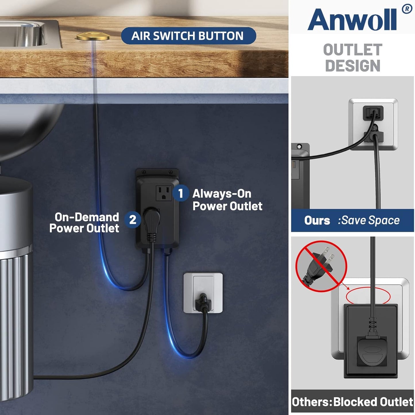 Garbage Disposal Air Switch Kit -Professional- Dual Outlet, Sink Top Waste Disposer On/Off, Garbage Disposal Button, Brass Made Cover, UL Listed