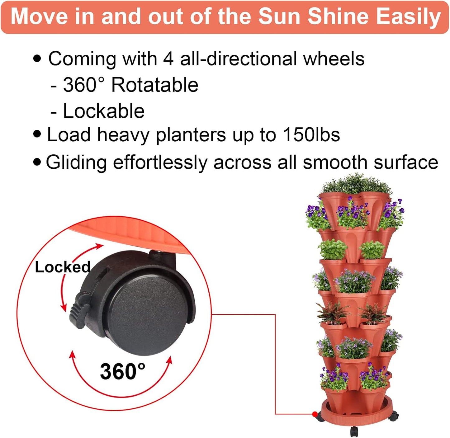 Vertical Planter 7 Tier Stackable Planters Garden Planters Strawberry Herb Flower and Vegetable Planter Indoor Outdoor Gardening Pots with Removable Wheels and Tools 2-Pack