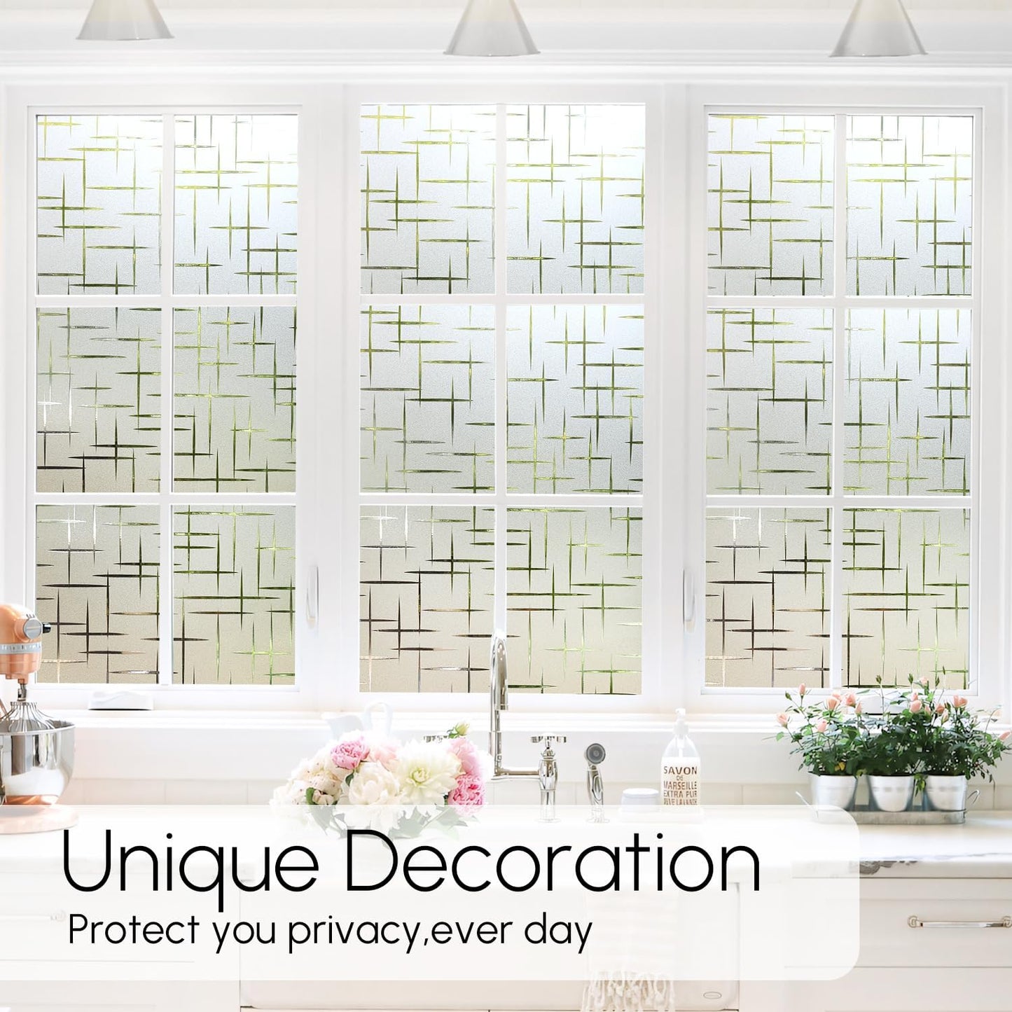 HIDBEA Window Privacy Film, Decorative Staic Cling Frosting Film, Heat Control UV Blocking Non-Adhesive Window Sticker for Home, Cross Pattern,29.5 X 78.7 Inches