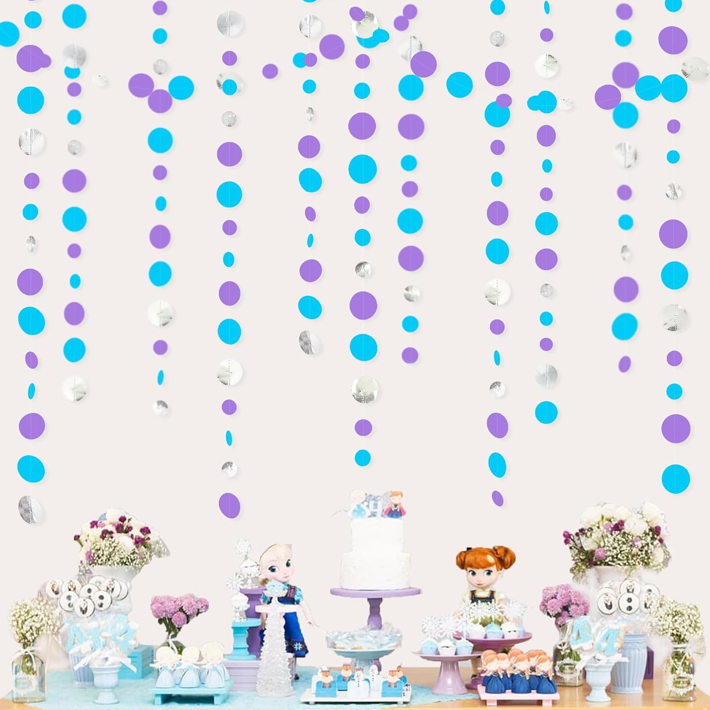 46 Ft Frozen Party Decorations Purple Blue Silver Polka Dots Garlands Hanging Paper Circle Dots Streamer for Frozen Birthday Winter Wonderland Christmas Holiday Wedding Baby Shower Party Supplies