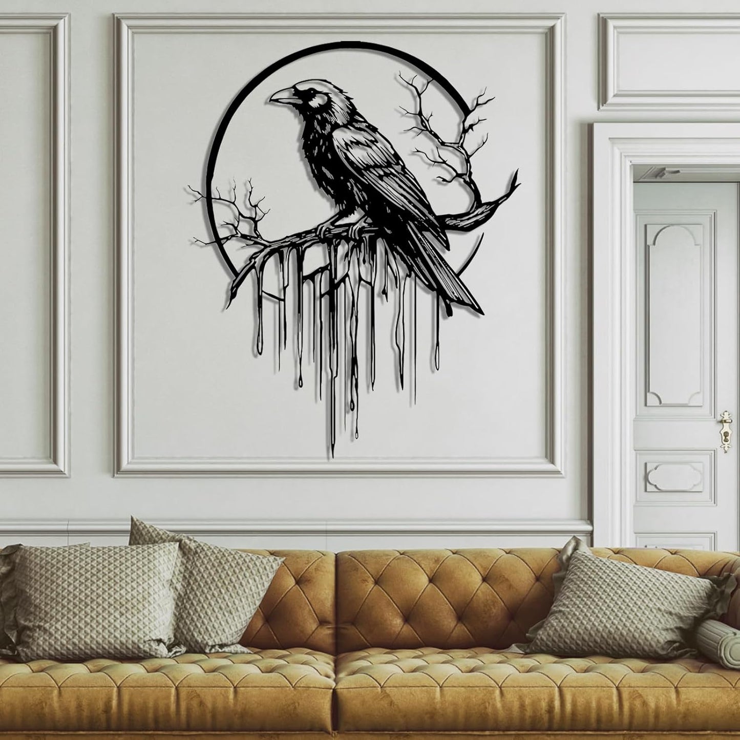 Crow Metal Wall Decor, Raven Wall Art, Large Gothic Raven Decor Hangings, Bird Wall Decor, Metal Tree Branch Decor, Ravens Sign, Raven Art for Living Room (White, 30"x24" |76x61cm, metal wall art)