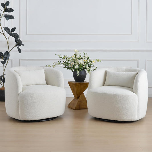 KINWELL 34" Wide Sherpa Swivel Barrel Chairs Set of 2, No Assembly Round Boucle Upholstered Accent Chairs Armchairs Single Sofa Chair with Toss Pillow for Living Room and Bedroom, Beige