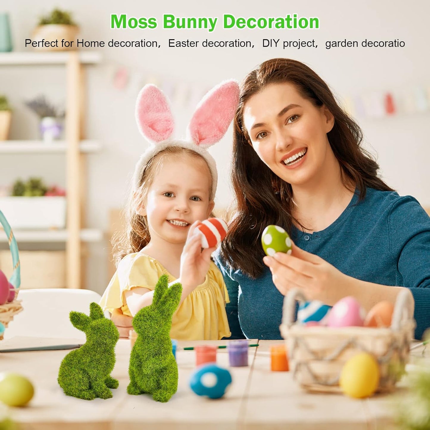 Easter Bunny Decorations,Resin Moss Bunny Figurine,Garden Artificial Moss Rabbit Easter Décor Easter Party Favors Gifts(Medium Sit)