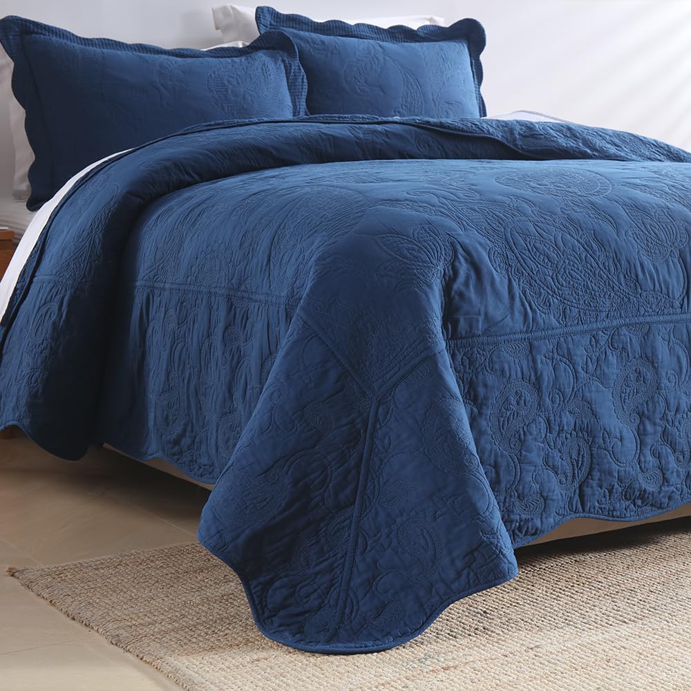 Cotton Bedspread Quilt Sets, Real Patchwork Bedding Sets with Luxury Floral Paisley Pattern, 3 Pieces Reversible Soft Lightweight Coverlet for All Season, Navy Blue, Queen Size
