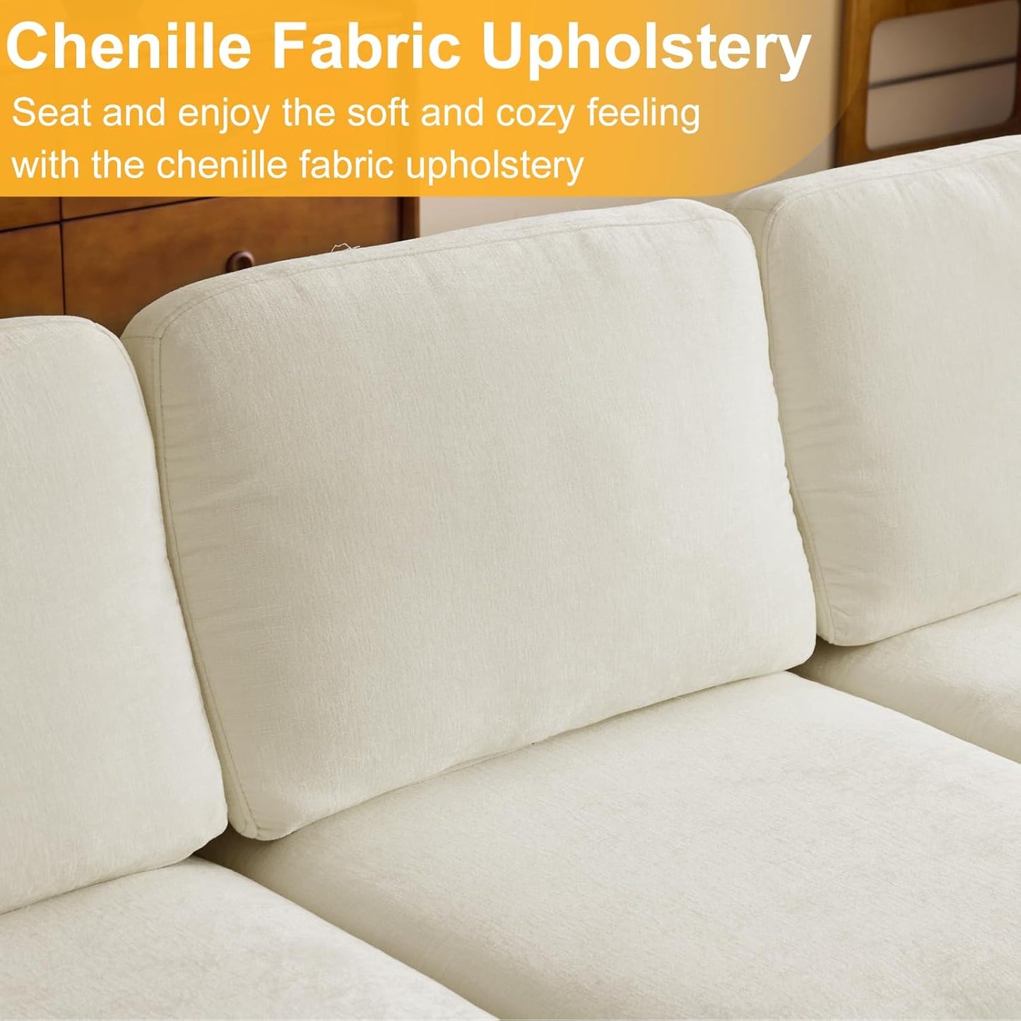 Karl home U-Shape Sectional Sofa Couch 111" Modern 4-Seat Sofa with Chaises Chenille Fabric Upholstered Covertible Couch with Wood Grain Legs for Living Room, Reception Room, Apartment, Beige