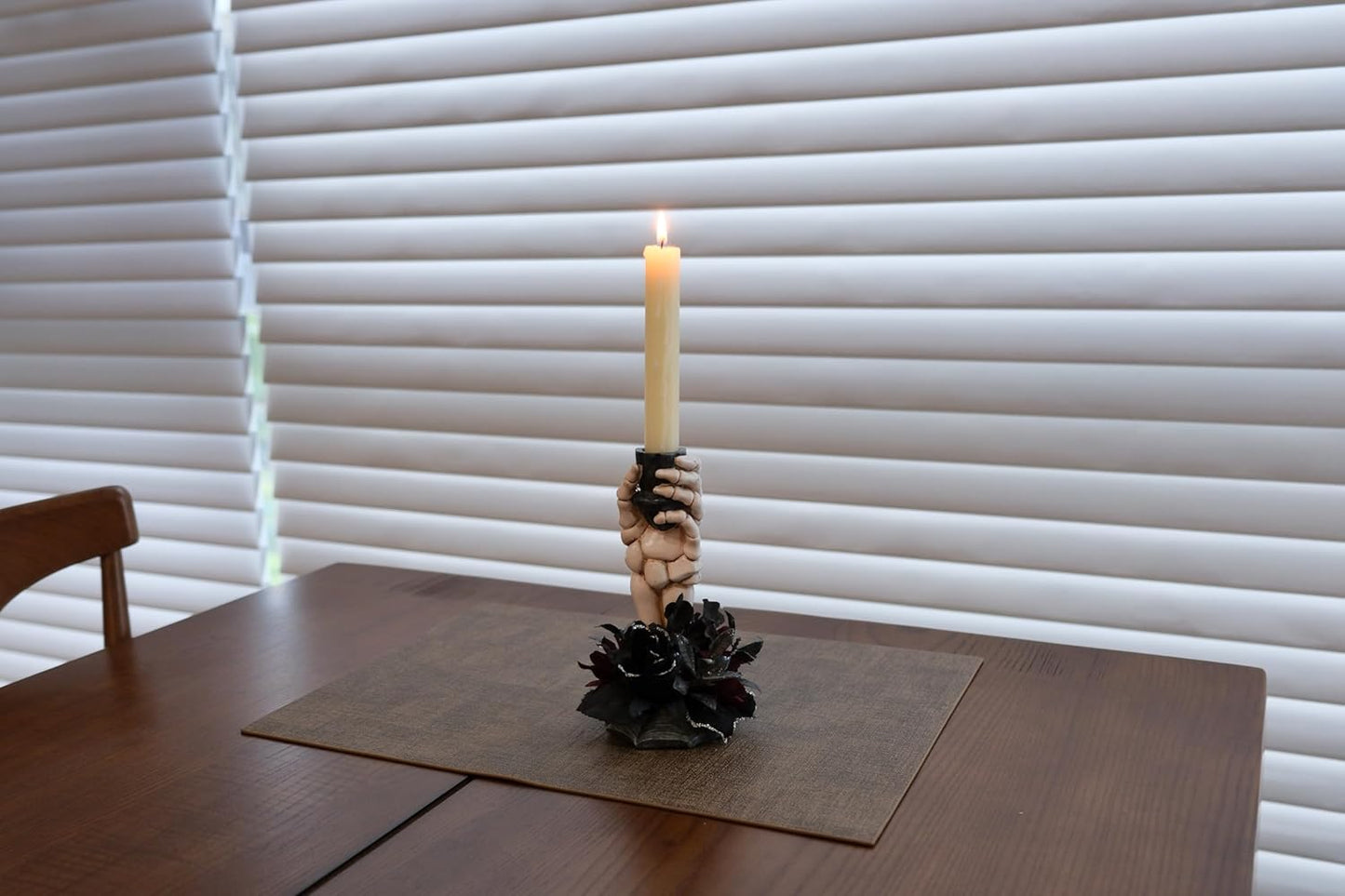 Skeleton Hand Halloween Candle Holder, Resin Candlestick Holder with Black&Burgundy Artificial Flowers Arrangement, Gothic Halloween Decor for Coffee Table/Dining Table Centerpiece, 6" Height