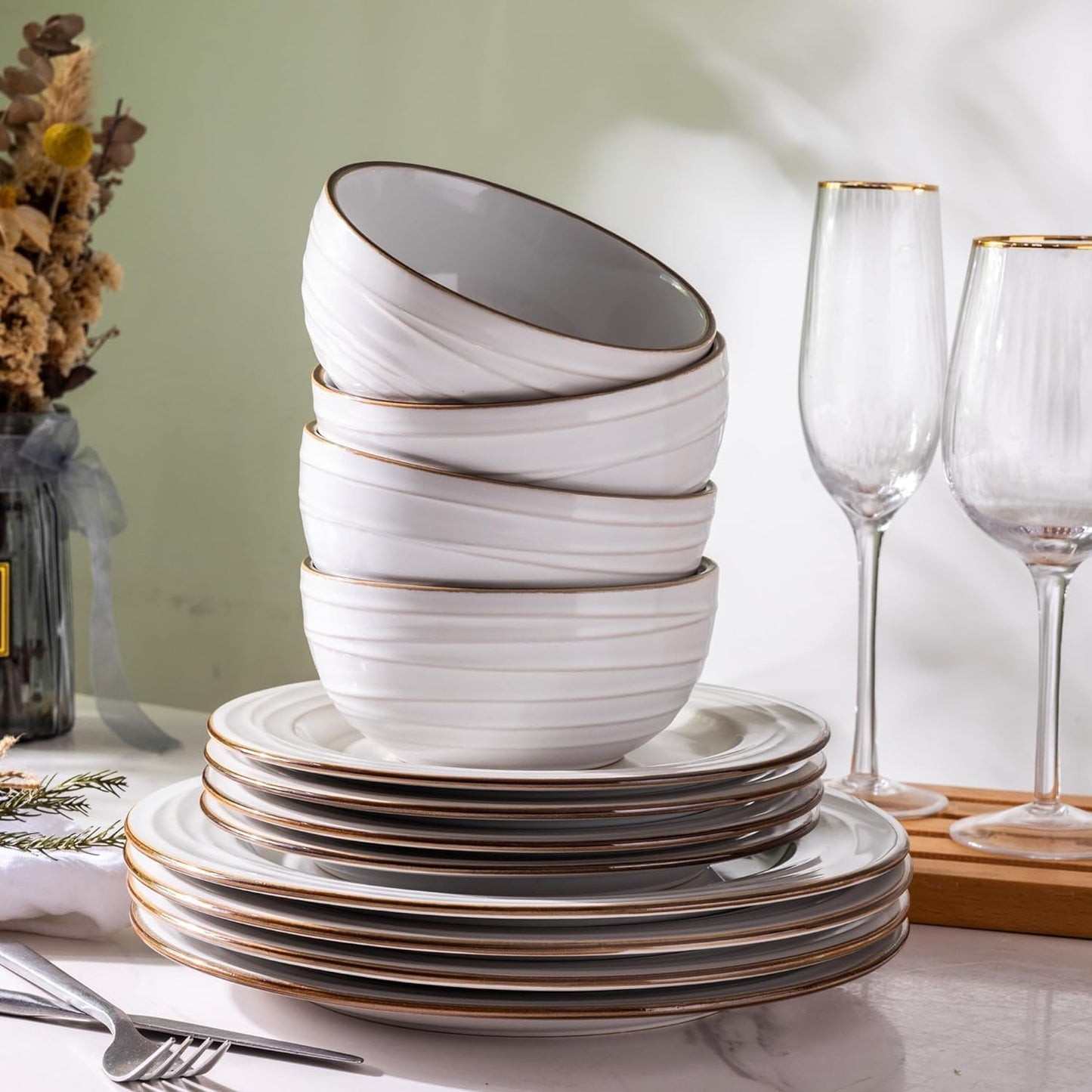GBHOME Ceramic Dinnerware Sets, 24 pcs Embossed Elegant Stoneware Plates and Bowls Sets, Housewarming Wedding Gift | Dishwasher & Microwave Safe | Dishes Set Service for 8