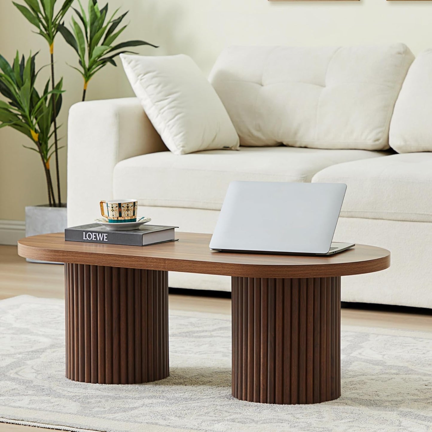 Oval Fluted Coffee Table, Farmhouse Wood Coffee Table Mid Century Modern Center Table Boho Living Room Tables for Living Room Office (Walnut, 19.69" D x 39.38" W x 13.78" H)