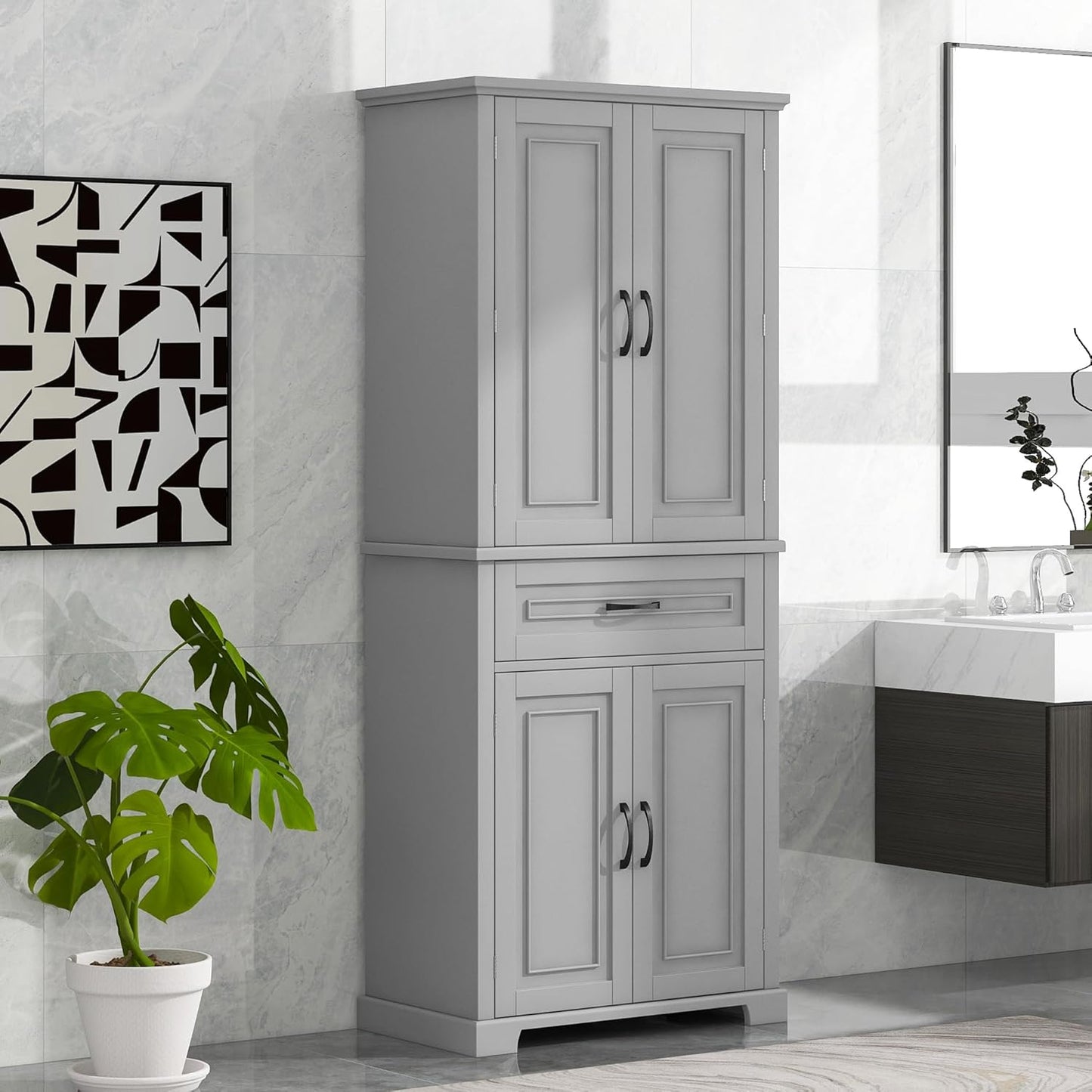 72.2" Tall Storage Cabinet with 4 Doors and Drawer, Freestanding Linen Cabinet, Wooden Pantry with Adjustable Shelf for Kitchen, Bathroom, Living Room, Grey