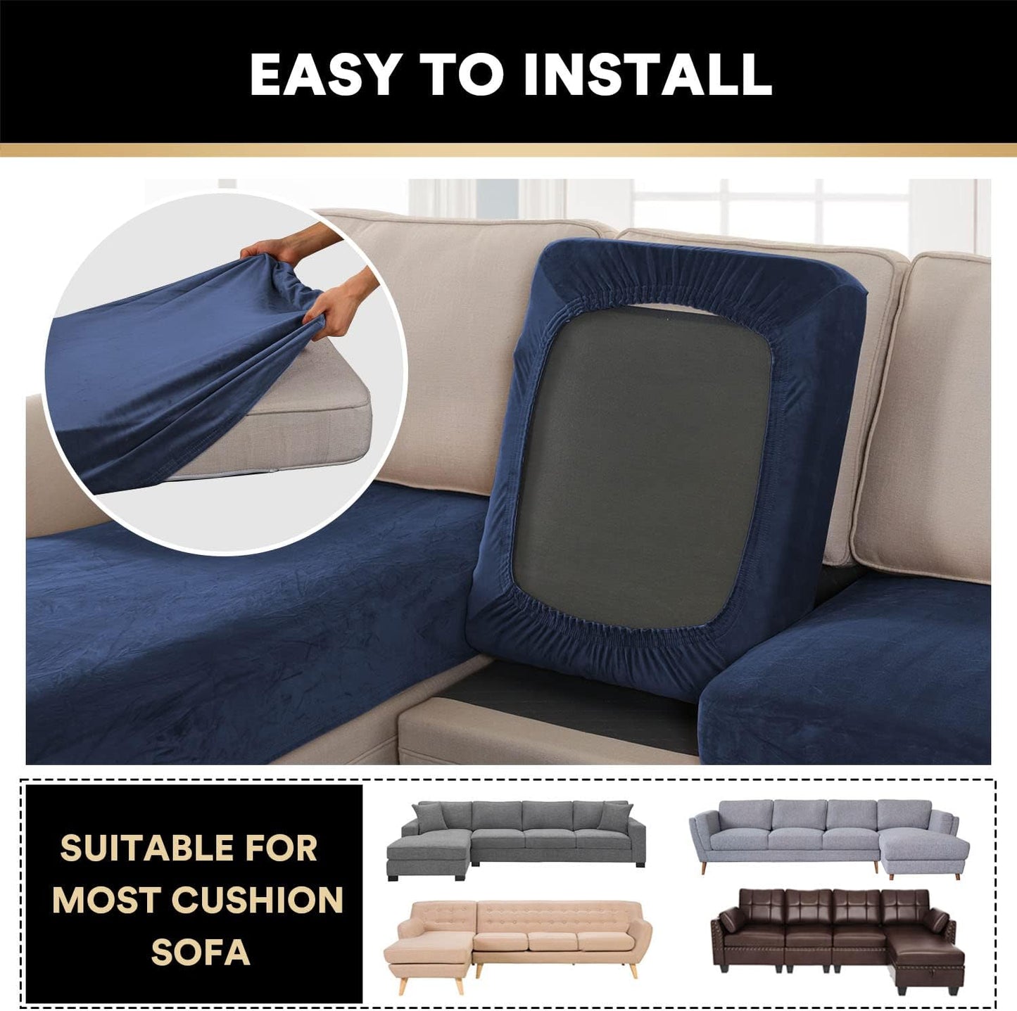 PrinceDeco Sectional Couch Covers 4 Pieces Couch Covers for Sofa Velvet Separate Couch Cover L Shape for Left/Right Chaise(3 Seater + 1 Chaise,Navy)